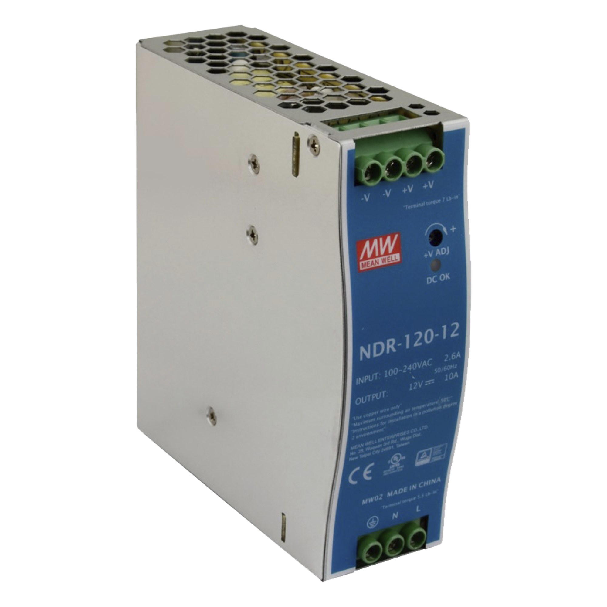 Fuente de poder industrial / 120 W / 12 Vcc / 10 A / Entrada 90~264 VCA / Riel DIN / 1.57 x 4.93 x 4.47 in — MEANWELL · SKU NDR-120-12