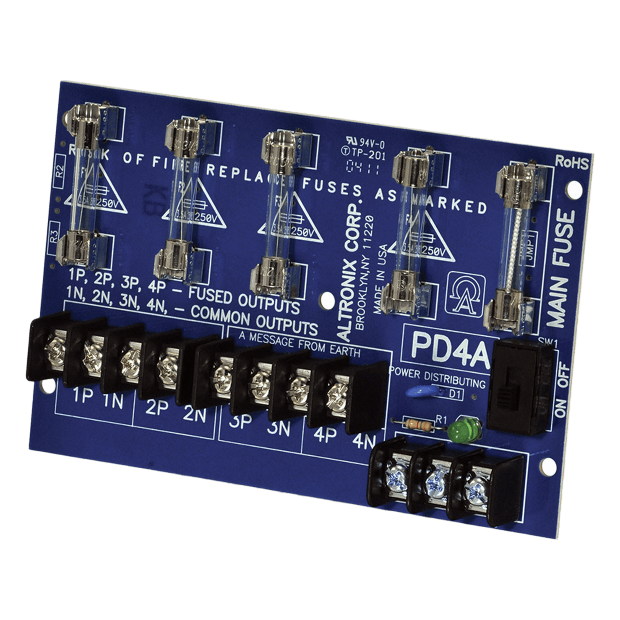 Módulo de Distribución de Energía / Entrada Universal 28V AC/DC / 10A Máx / 4 Salidas Fusibles 2.5A / LED Estado DC / 0°C a 49°C (32°F a 120°F) — ALTRONIX · SKU PD4