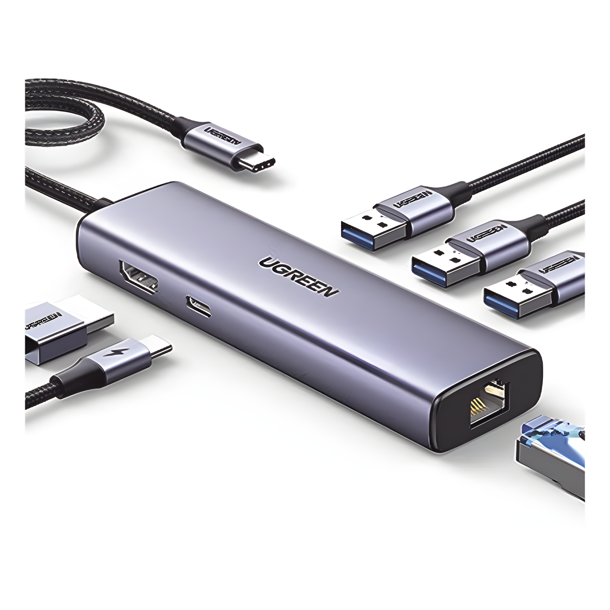 HUB USB-C (Docking Revodok) 6 en 1 | 3 Puertos USB-A 3.0 (5 Gbps) | USB-C PD 100W | HDMI 4K@30Hz | Entrada 1 RJ45 (Gigabit Ethernet) | Chip de Última Generación | Potente Disipación de Calor |  Caja de Aluminio. — UGREEN · SKU 15598