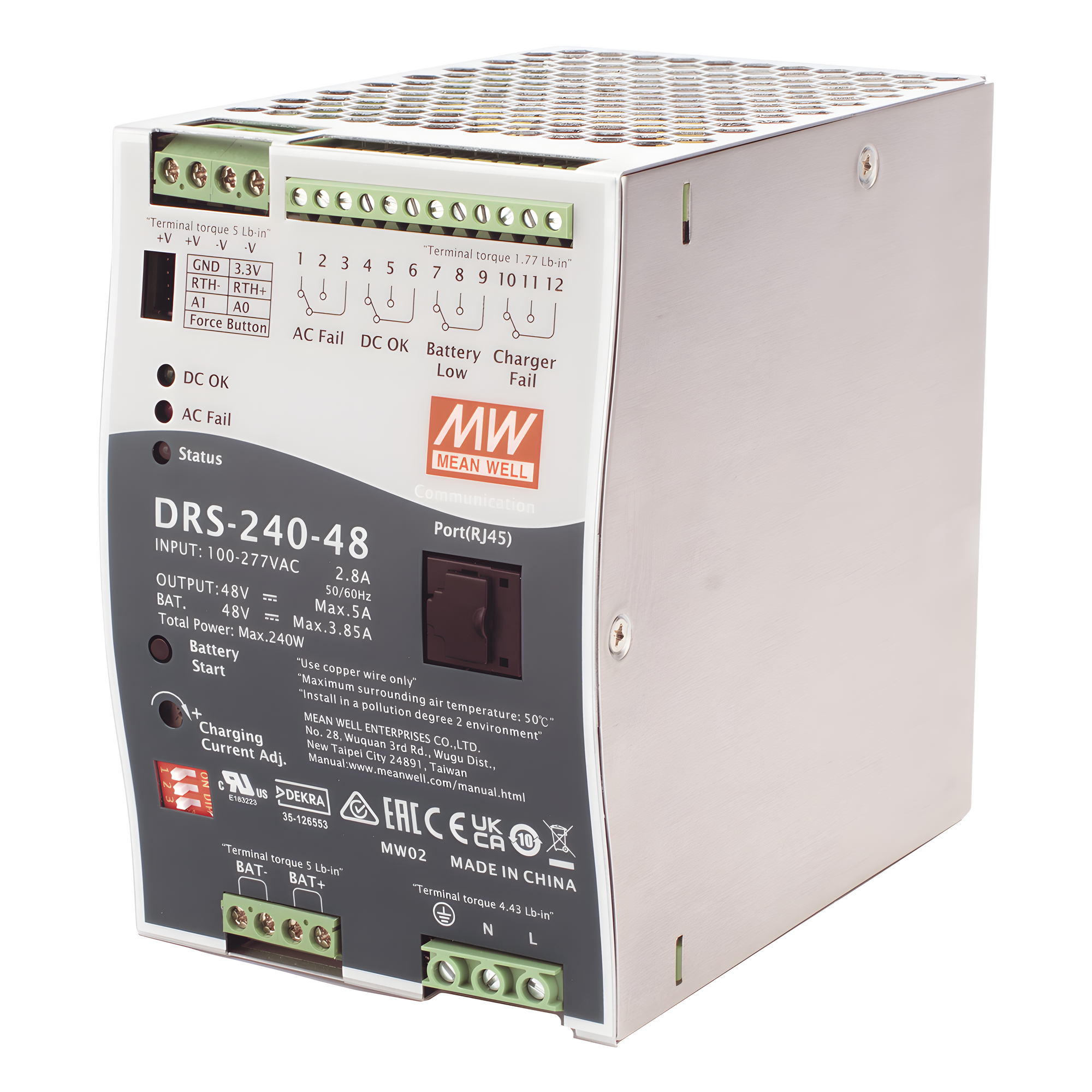Fuente de Poder Industrial / 240W / Salida 48VCC 5A / Cargador de Baterías / Riel DIN / 92% Eficiencia — MEANWELL · SKU DRS24048