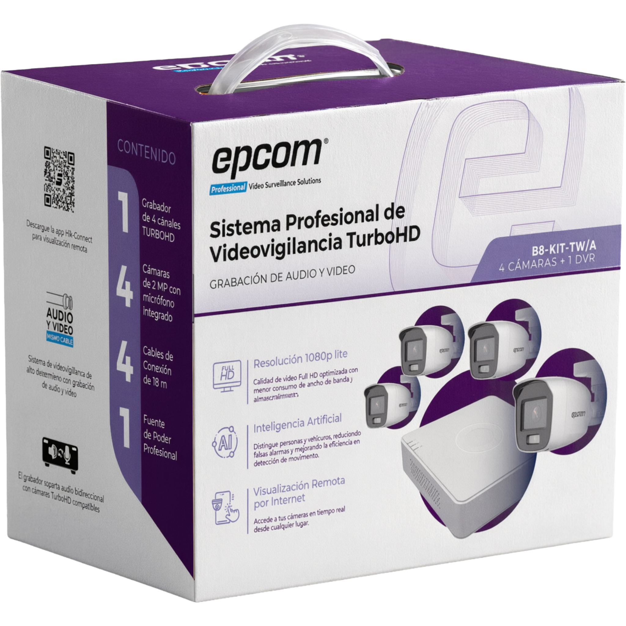 Kit de Videovigilancia TurboHD / 1080p Lite / DVR 4 Canales / 4 Cámaras Bala / Dual Light / Audio Integrado / IP66 / H.265+ — EPCOM PROFESSIONAL · SKU B8-KIT-TWA