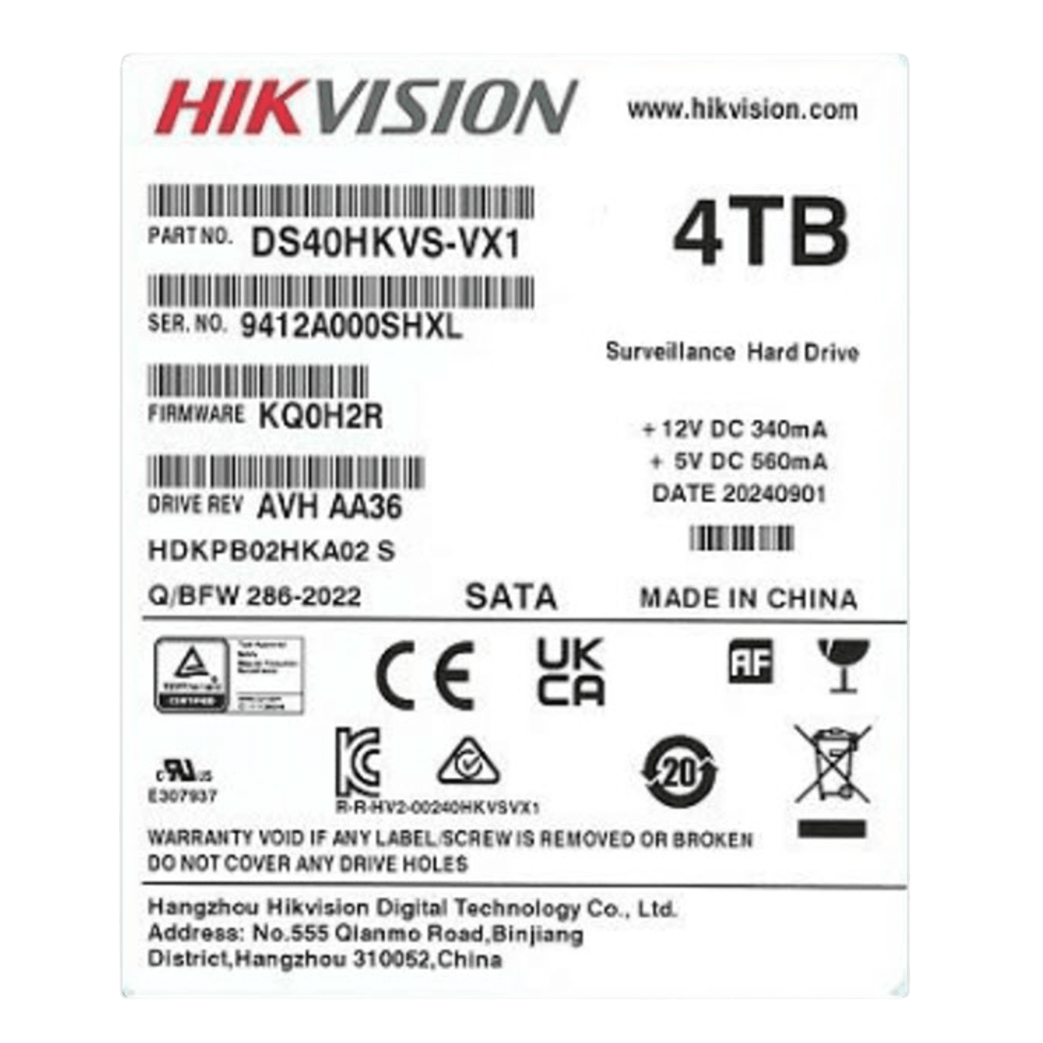 Disco Duro para Videovigilancia / 4 TB / 5400 RPM / SATA 6 Gb/s / 32 Canales HD / 180 TB Carga Anual / 24x7 — HIKVISION · SKU DS40HKVS-VX1