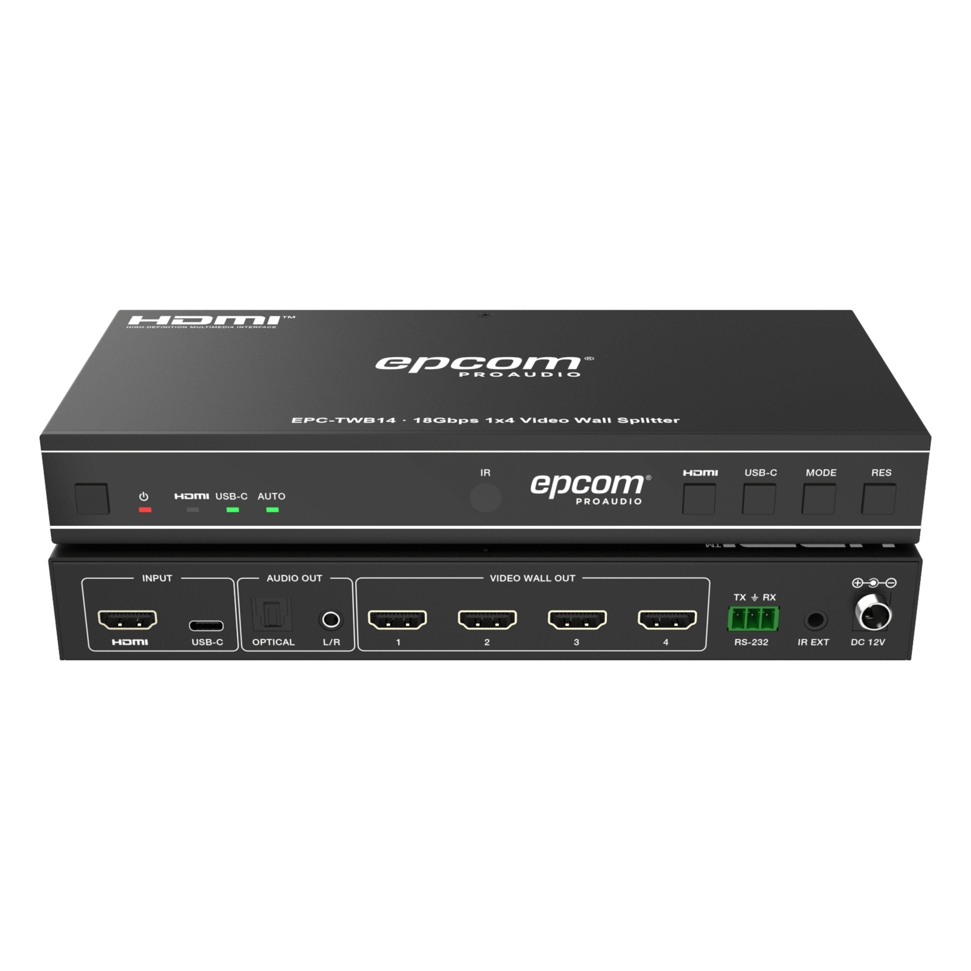Controlador de Videowall / 1x4 HDMI / 4K@60Hz / 18 Gbps / 8 Modos de Visualización / Audio Óptico y Analógico / USB-C / RS-232 e IR — EPCOM PROAUDIO · SKU EPC-TWB14