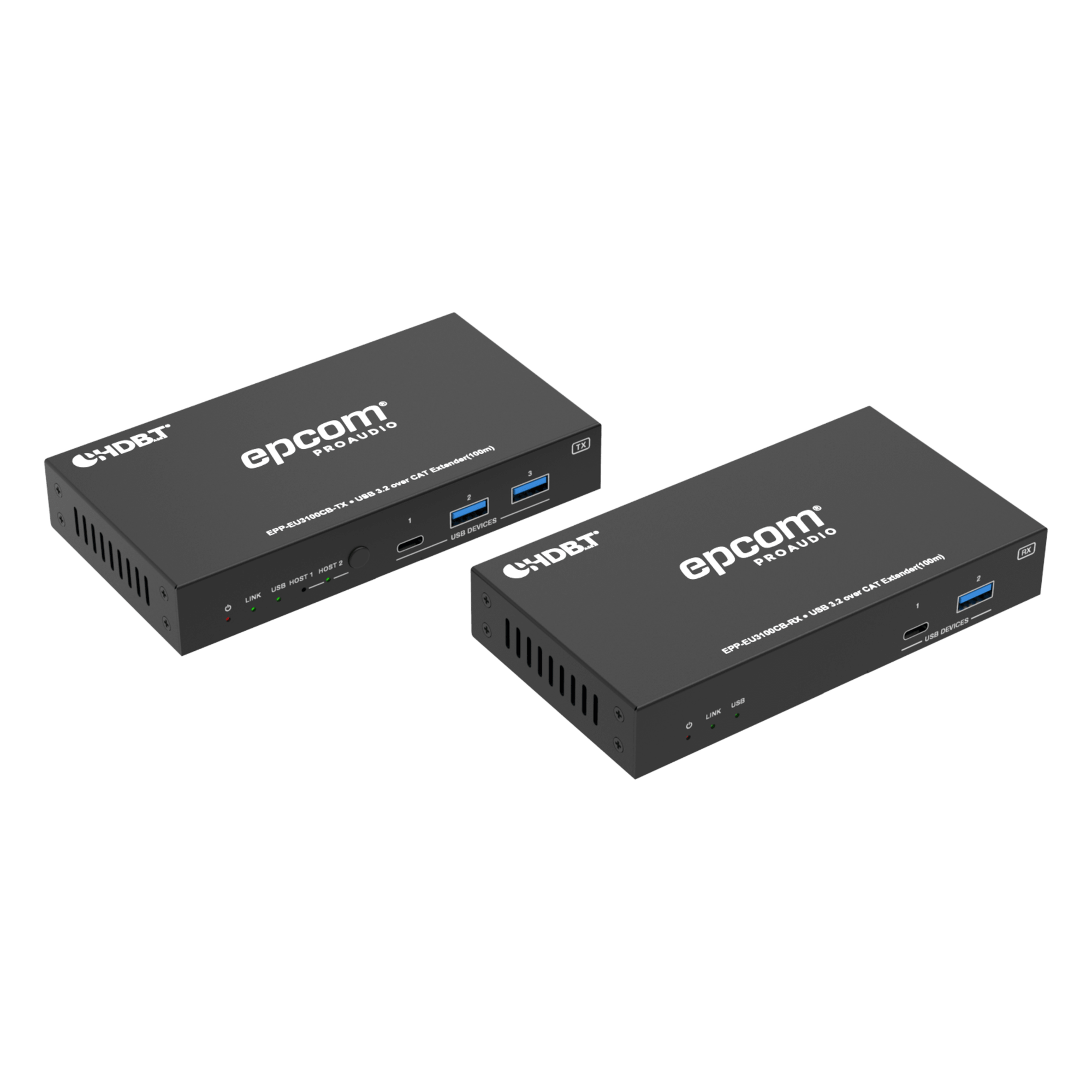 Extensor USB 3.2 Gen 1 / 100 m (328 ft) / CAT6a / 5 Gbps / 4x USB-A + 1x USB-C / PoC 24V Bidireccional / RS-232 / GPIO / API — EPCOM PROAUDIO · SKU EPP-EU3100CB