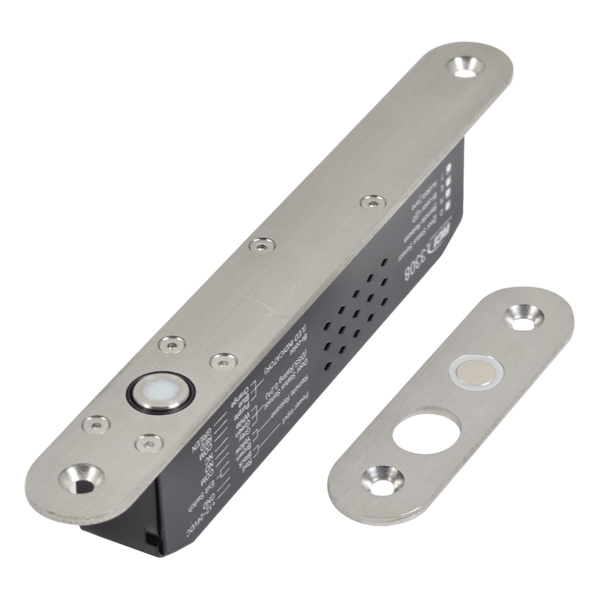 Cerradura de Perno Eléctrica / Diseño Estrecho para Perfiles Delgados / Temporizador 10 s / Buzzer y LED Bicolor / 12-24 VDC / Sensor de Estado de Puerta — RCI - DORMAKABA · SKU 3308