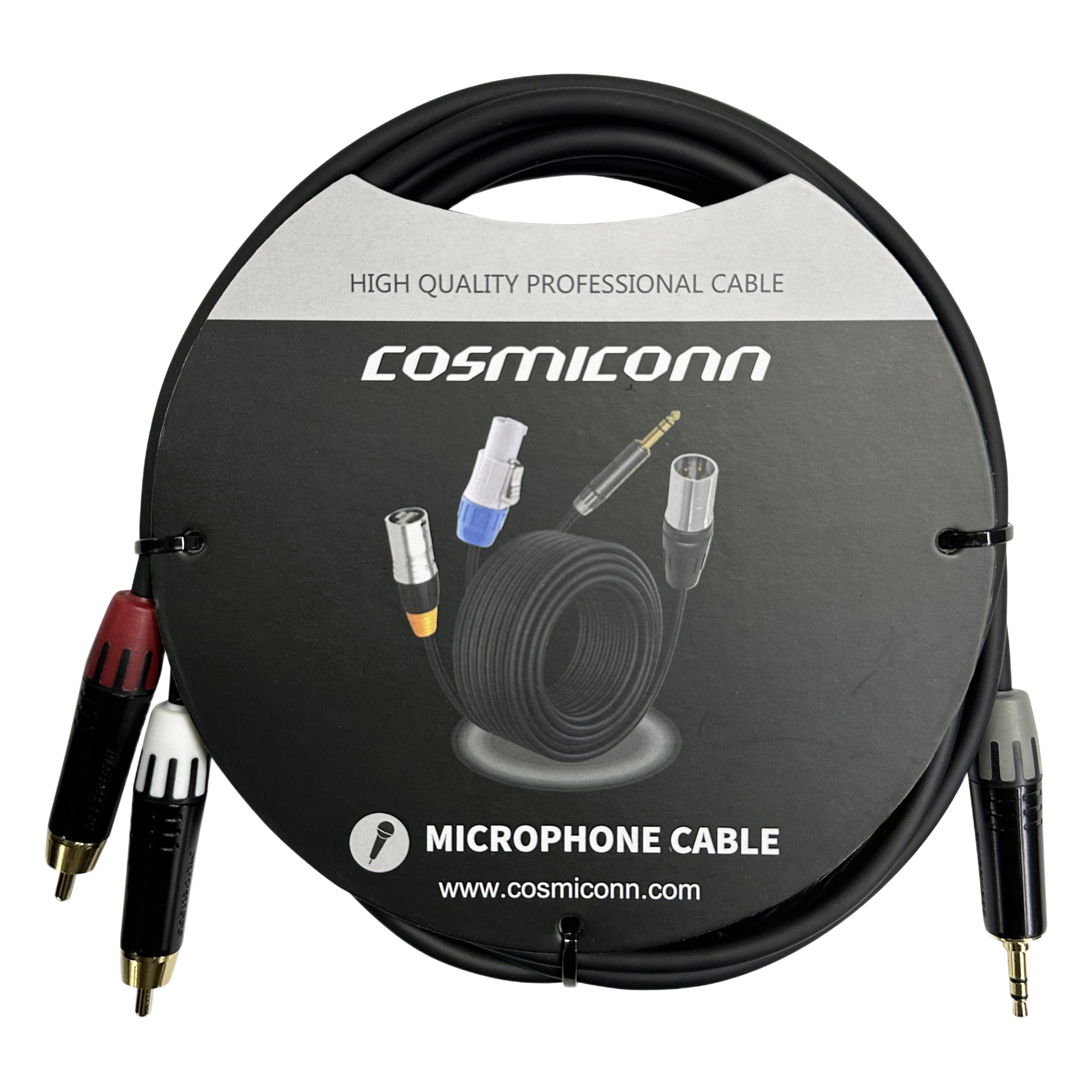 Cable Audio 3.5mm a 2 RCA / Conectores Chapados en Oro / Blindaje Antiinterferencias / 10m (32.8 ft) / Diferenciador de Canales — COSMICONN · SKU CMC220ASTP2RM10YBG1