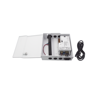 Fuente de Poder / 1 Salida 11-15 Vcc /  5 A / Temporizador Integrado / Con Capacidad de Batería de Respaldo / Requiere Batería / Aplicaciones en sistemas de control de Acceso 