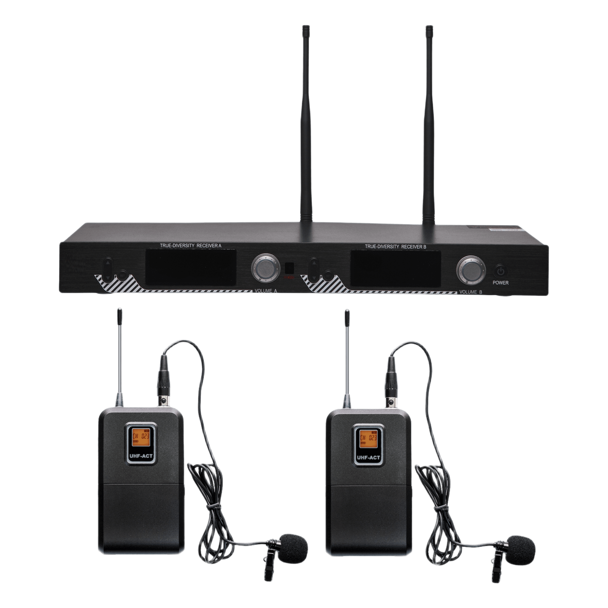 Kit de Microfonía inalámbrico | 2 Micrófonos de Lavalier | Receptor UHF | Pantalla LCD | 200 Canales | Gran cobertura
