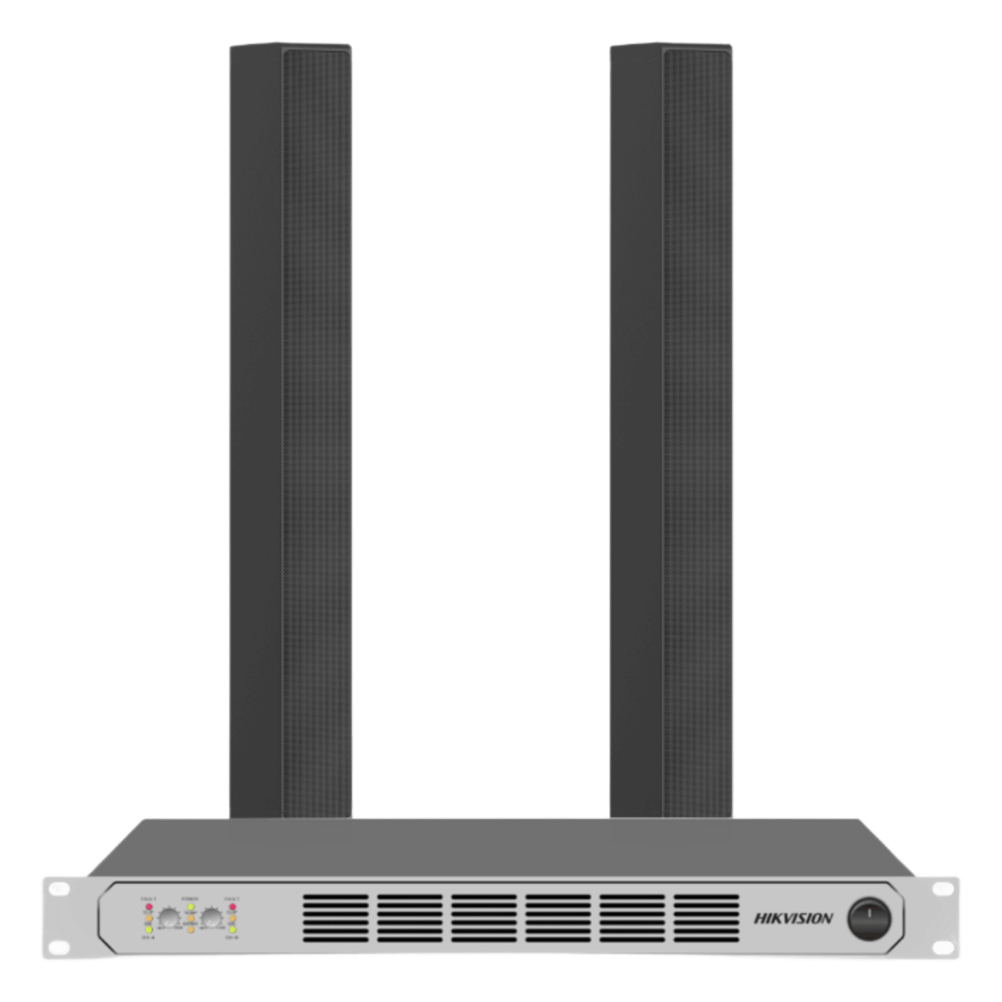 Kit Amplificador Clase D / 2×250W @ 8Ω / 4 Entradas XLR / 4 Salidas Speakon / 2 Bocinas Columna 150W / Respuesta 100 Hz - 18 kHz — HIKVISION · SKU DSQAPKIT2