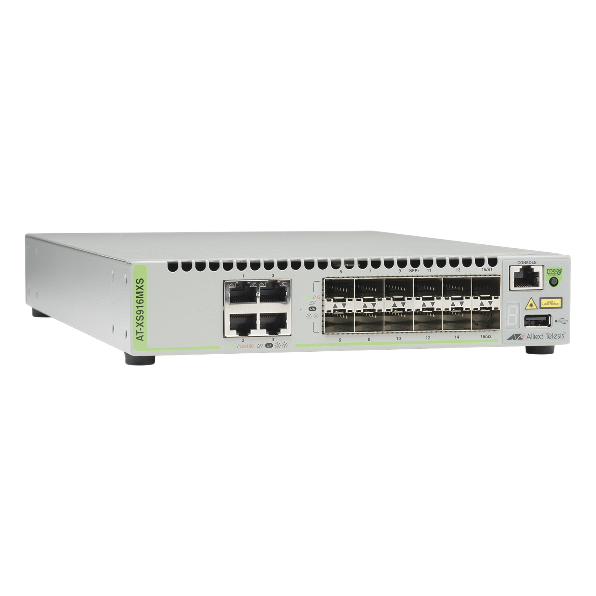 Switch Capa 3 Stackeable / 12 Puertos SFP/SFP+ 10G / 4 Puertos RJ-45 100/1000/10G / 238 Mpps / AlliedWare Plus — ALLIED TELESIS · SKU AT-XS916MXS-10