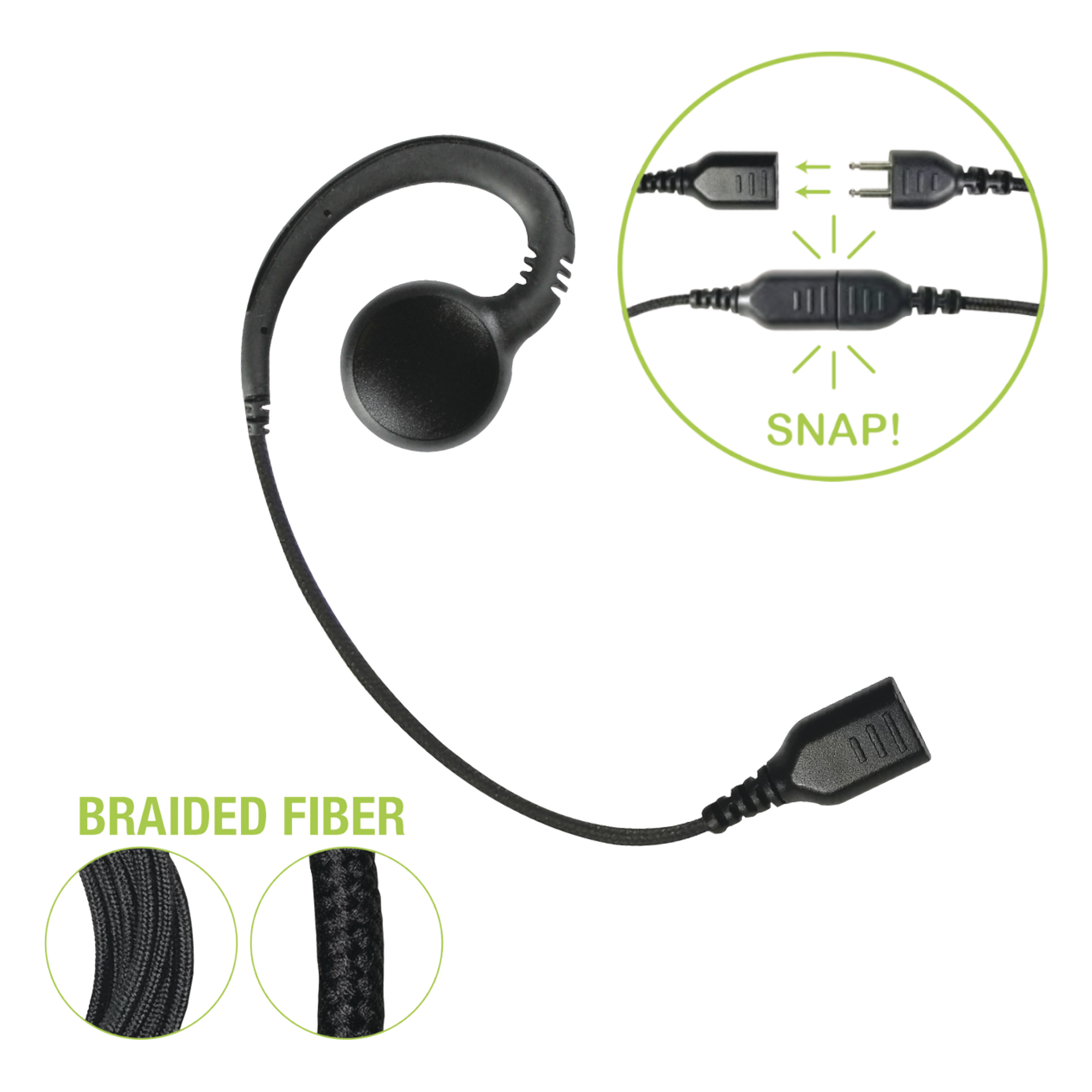 Auricular de Gancho / Altavoz Giratorio 360° / Cable de Fibra Trenzada / Conector SNAP / Compatible con Micrófono de Solapa Serie SNAP