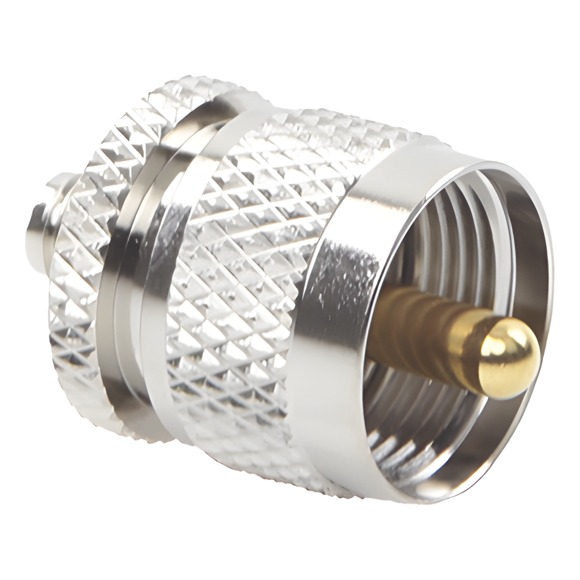 Adaptador RF en Línea / SMA Hembra a UHF Macho (PL-259) / Cuerpo Bronce Niquelado / Contacto Oro / Aislante Teflón — RF INDUSTRIES,LTD · SKU RSA-3474