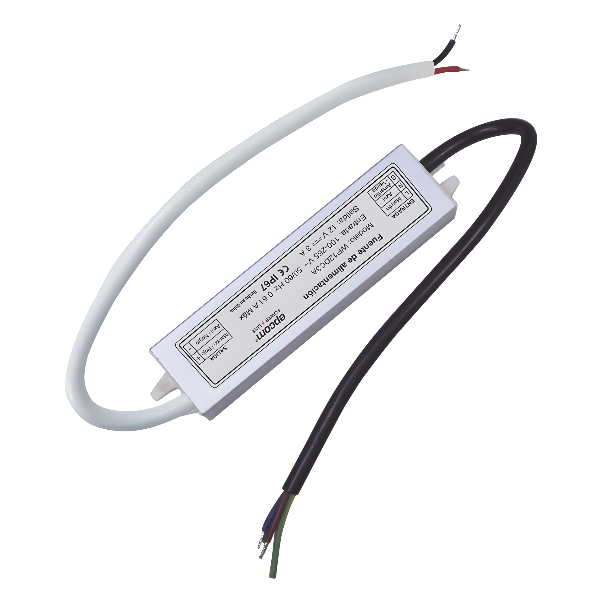 Fuente de Alimentación / 12 VCC / 3 A / IP67 / 100-240 VCA / -30°C a 50°C / 5.0 x 0.8 x 1.2 in — EPCOM POWERLINE · SKU WP12DC3A