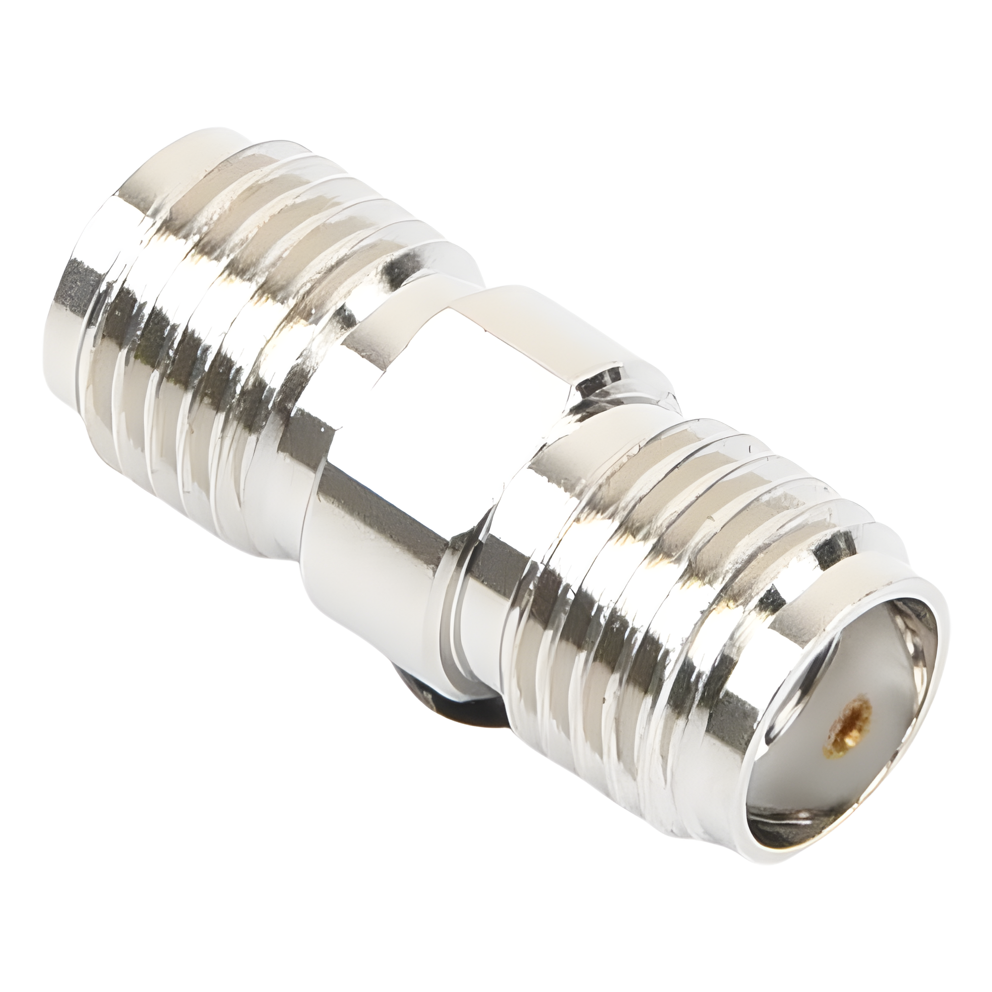 Adaptador Barril RF / Conector SMA Hembra a SMA Hembra / Montaje en Línea / Cuerpo Bronce Niquelado / Contacto Oro / Aislante Teflón