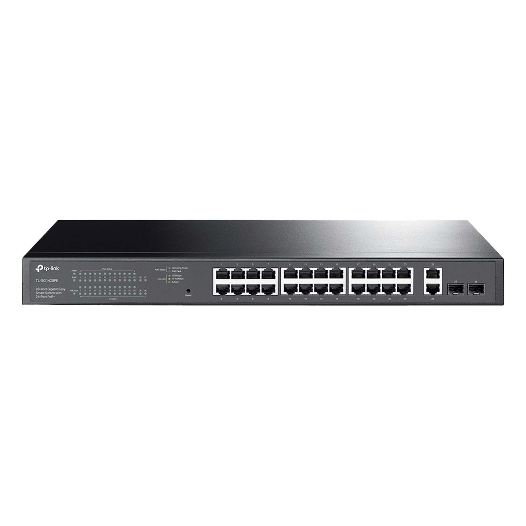 Switch PoE Administrable / 26 Puertos RJ45 Gigabit / 2 Puertos SFP / 24 Puertos PoE 802.3af/at / 250W PoE / 56 Gbps / 41.7 Mpps — TP-LINK · SKU TL-SG1428PE