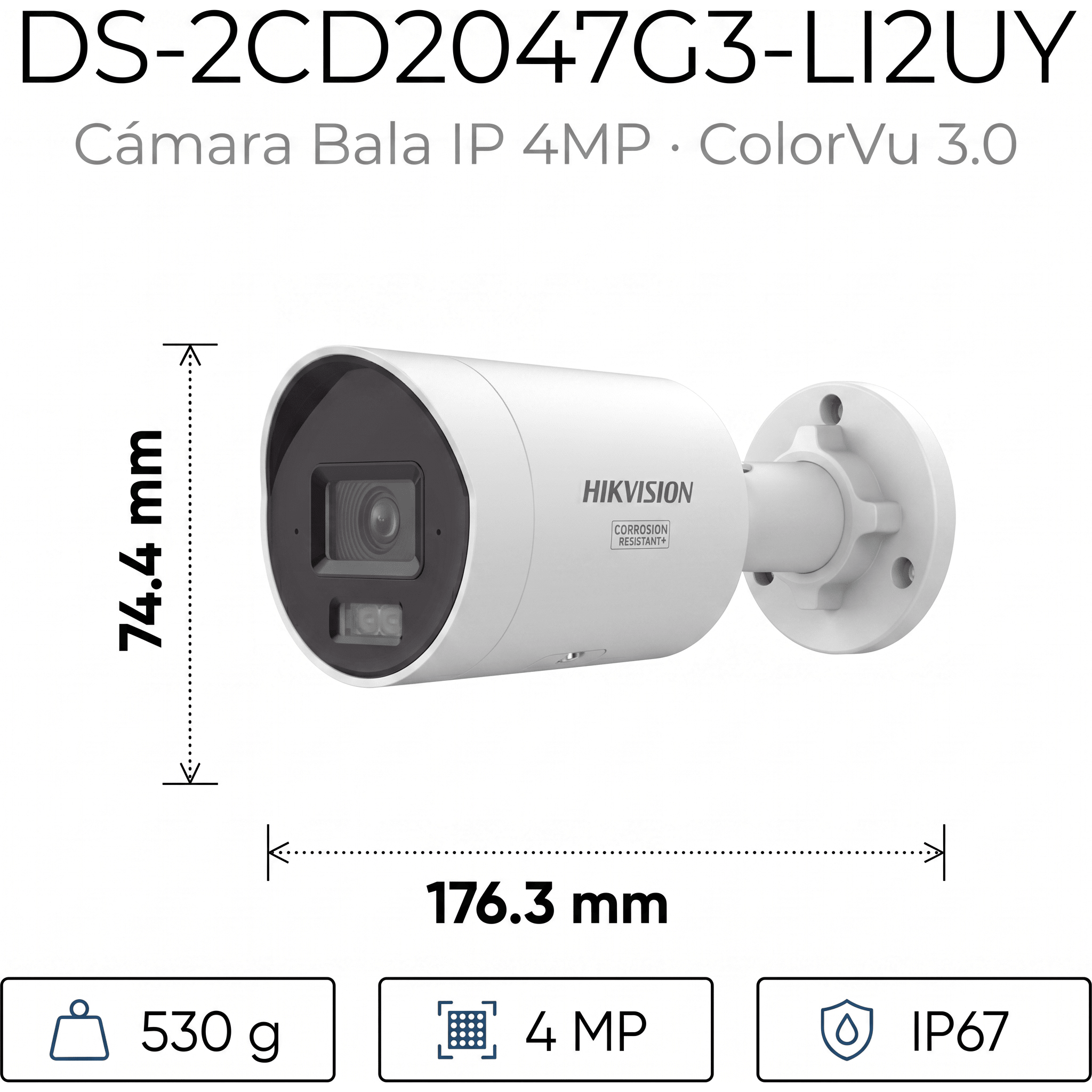 [Dual Light + ColorVu 3.0 + HikAI] Bala IP 4 Megapixel / Lente 2.8 mm / 40 mts IR + Luz Blanca / 2 Microfonos Integrados / Exterior IP67 / WDR 130 dB / ACUSENSE 3.0 / Metal / NEMA 4X / ACUSEEK
