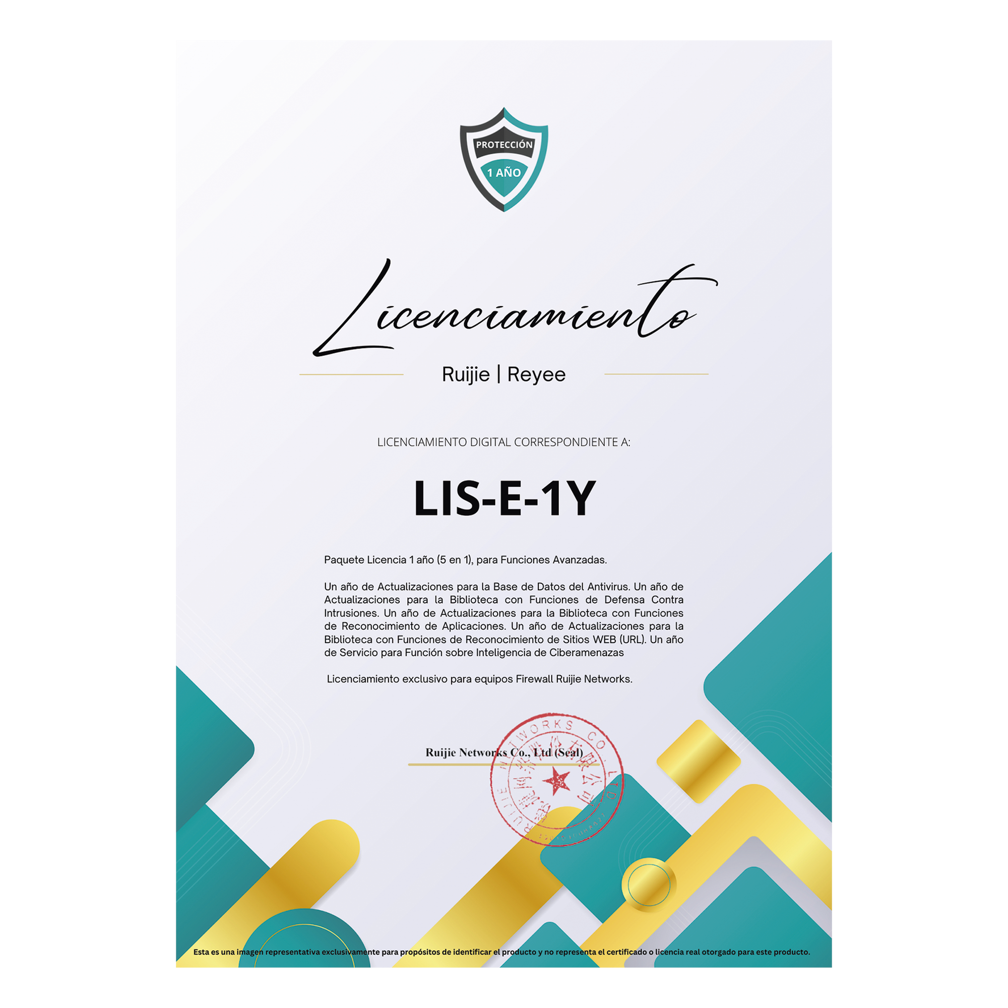 Licencia Anual Firewall / 5 Funciones Avanzadas / Antivirus / Ciberamenazas / IPS / Reconocimiento Aplicaciones y URL — RUIJIE · SKU RG-WALL1600-Z3200-S-LIS-E-1Y
