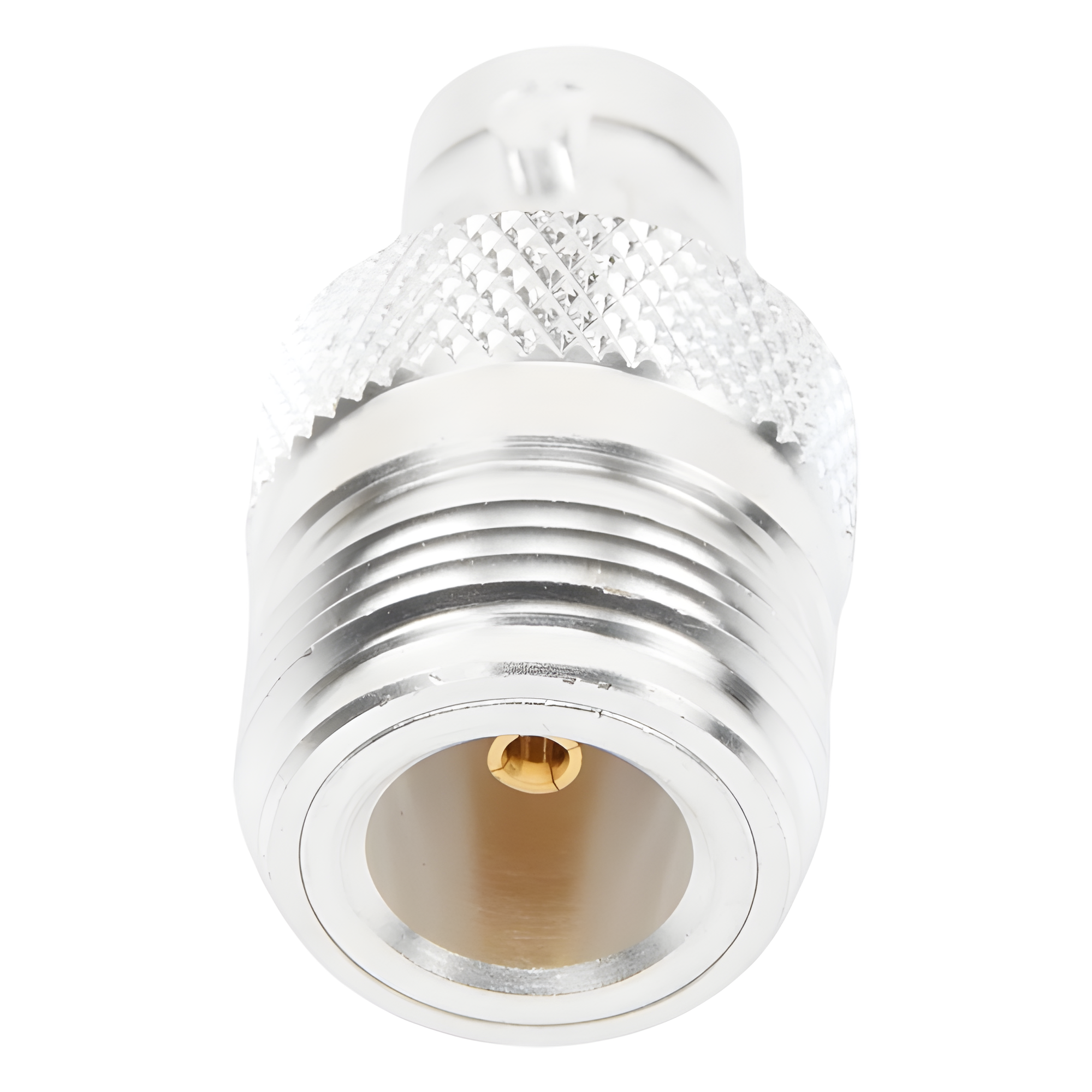 Adaptador Coaxial en Línea / N Hembra a BNC Hembra / Cuerpo Bronce Plateado / Contacto Oro / Aislante Teflón