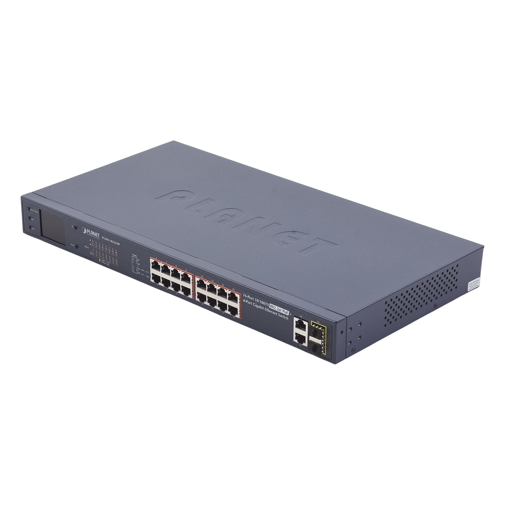 Switch No Administrable PoE+ Extender, Aislamiento VLAN de 16 Puertos +, 2 Combo TP/SFP Gigabit y Pantalla 