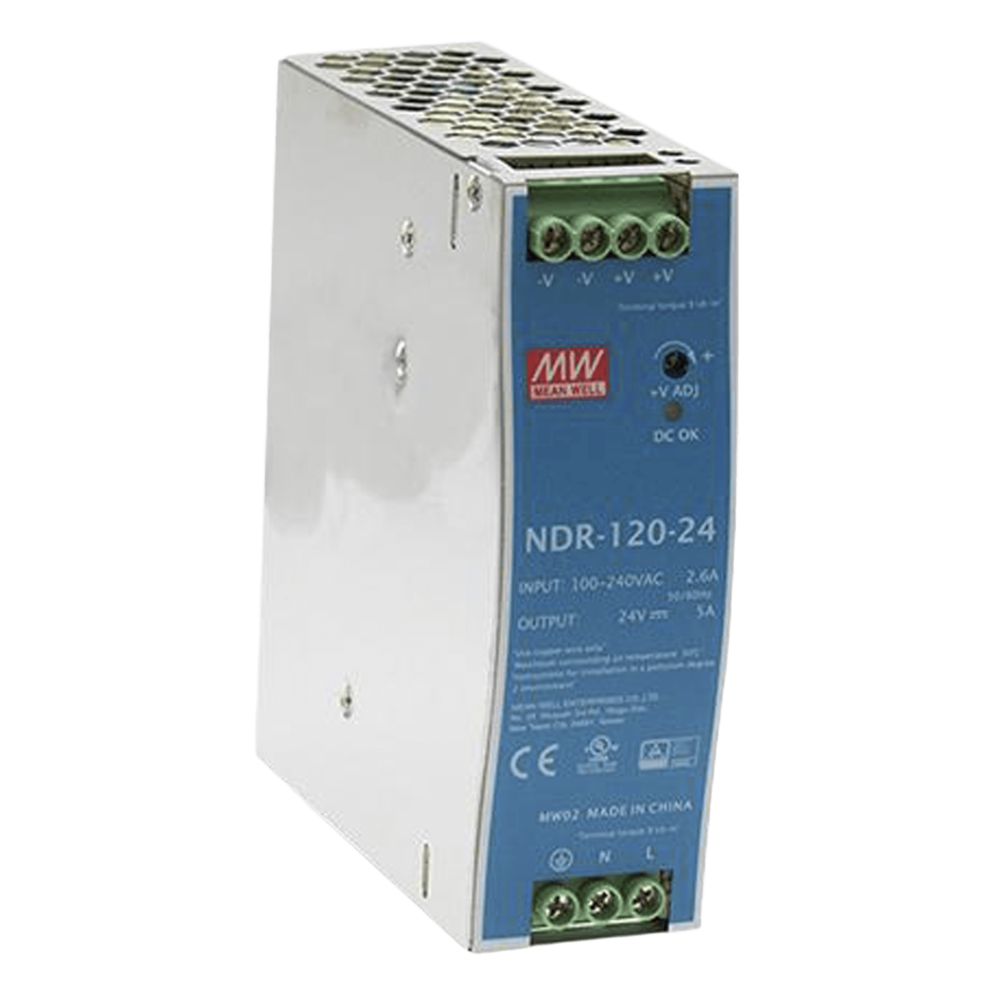 Fuente de Poder para Riel DIN / 120W / Salida 24Vcc 5A / Entrada Universal 90-264Vca / Eficiencia 88% — MEANWELL · SKU NDR-120-24