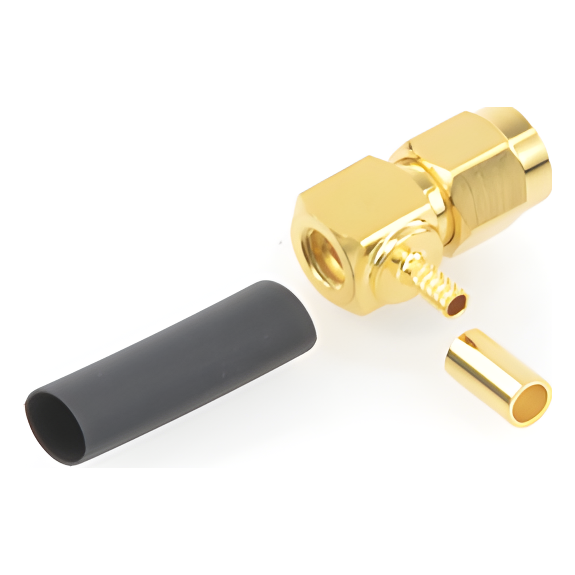 Conector Coaxial SMA Macho Inverso / Ángulo Recto / Anillo Plegable / Compatibilidad RG-174/U y Belden 8216 / Cuerpo Bronce con Recubrimiento de Oro / Aislante Teflón