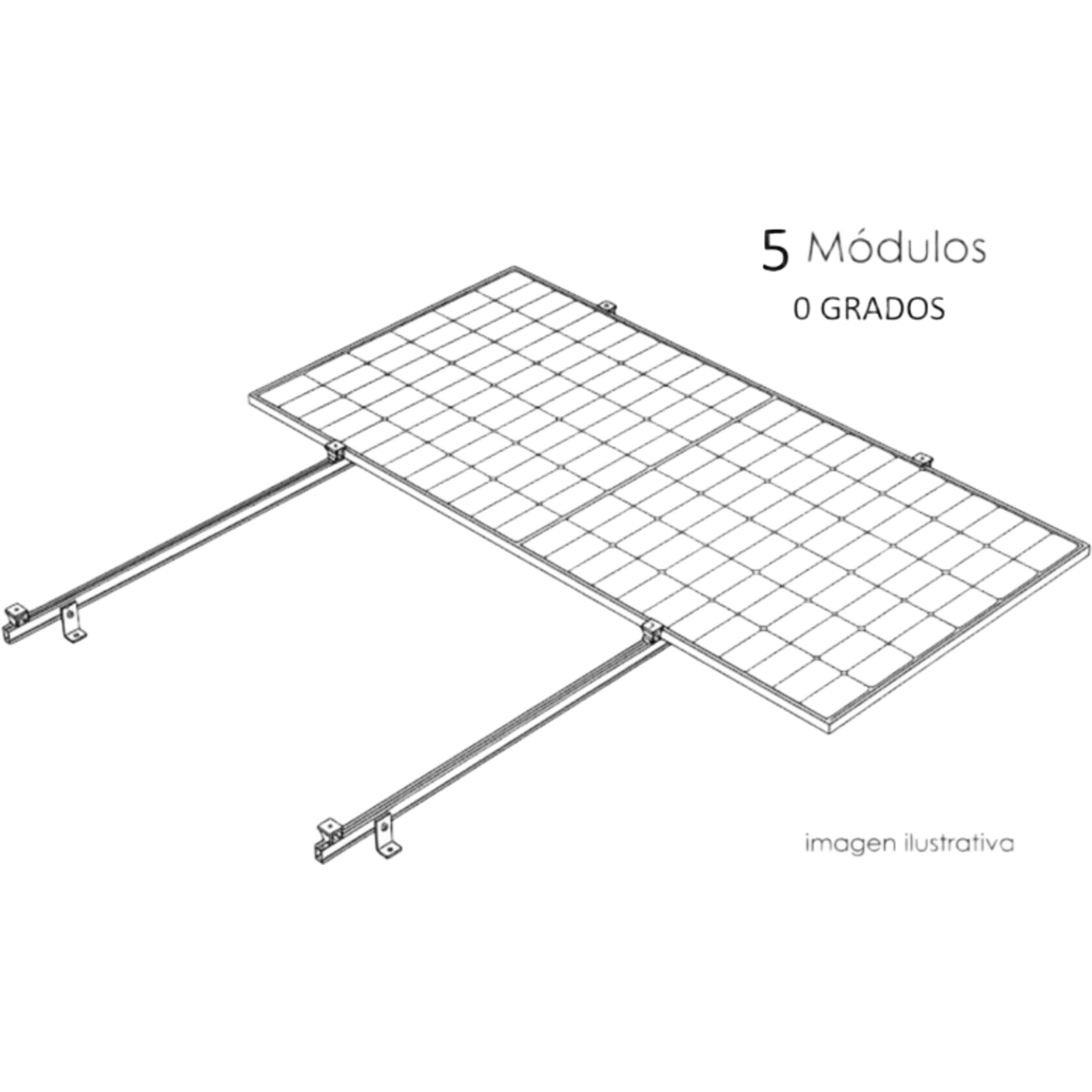Sistema de Montaje Solar para Techo Plano / 1 Módulo / Resistencia Viento 140 km/h / Inclinación 15° / Área 4 m² (43.1 ft²) / Riel 2.14 m (7.0 ft) — BASEL · SKU KITBASEL1X5A0