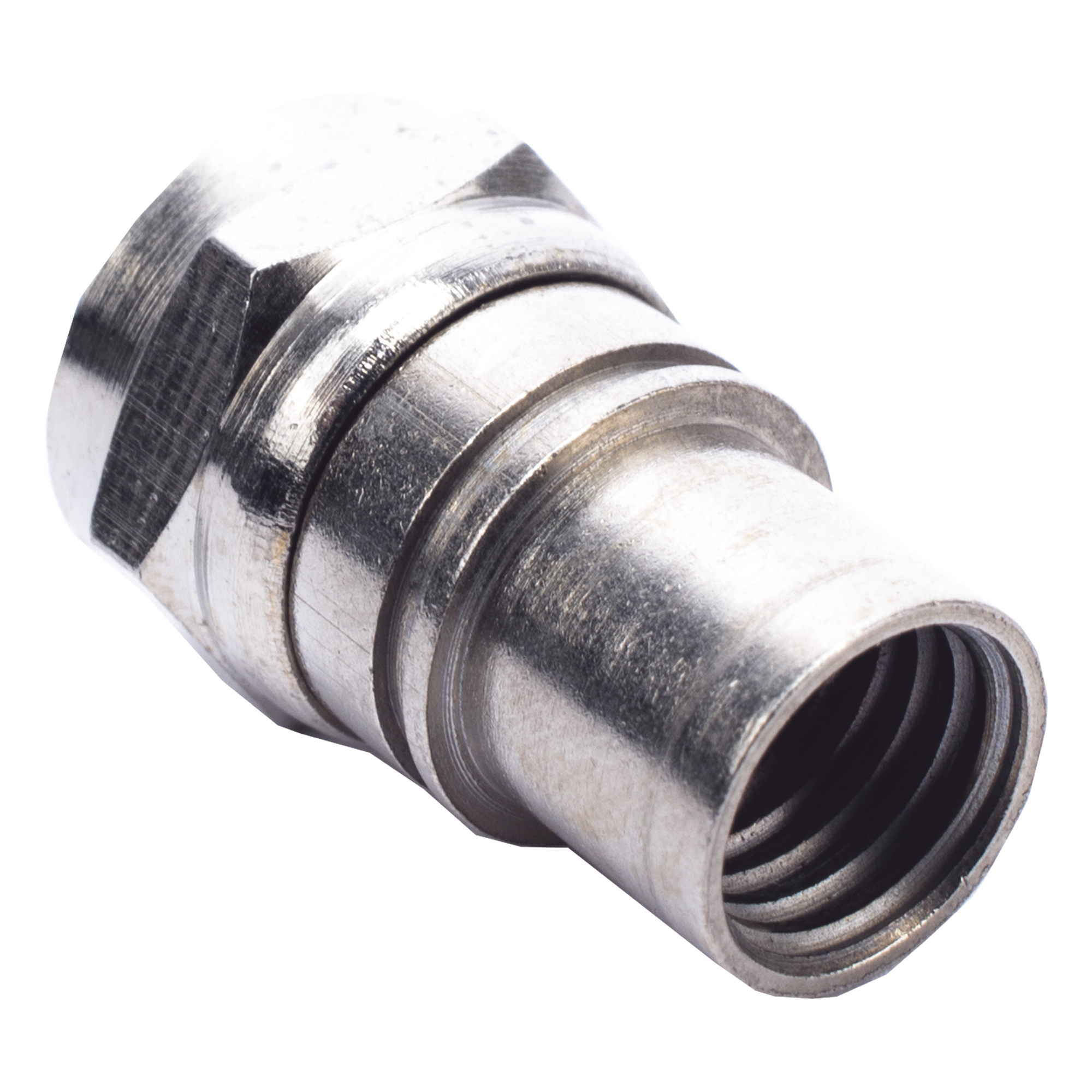 Conector F Macho Plegable, Con PIN para Cable RG-59, Cuerpo de Bronce Niquelado.