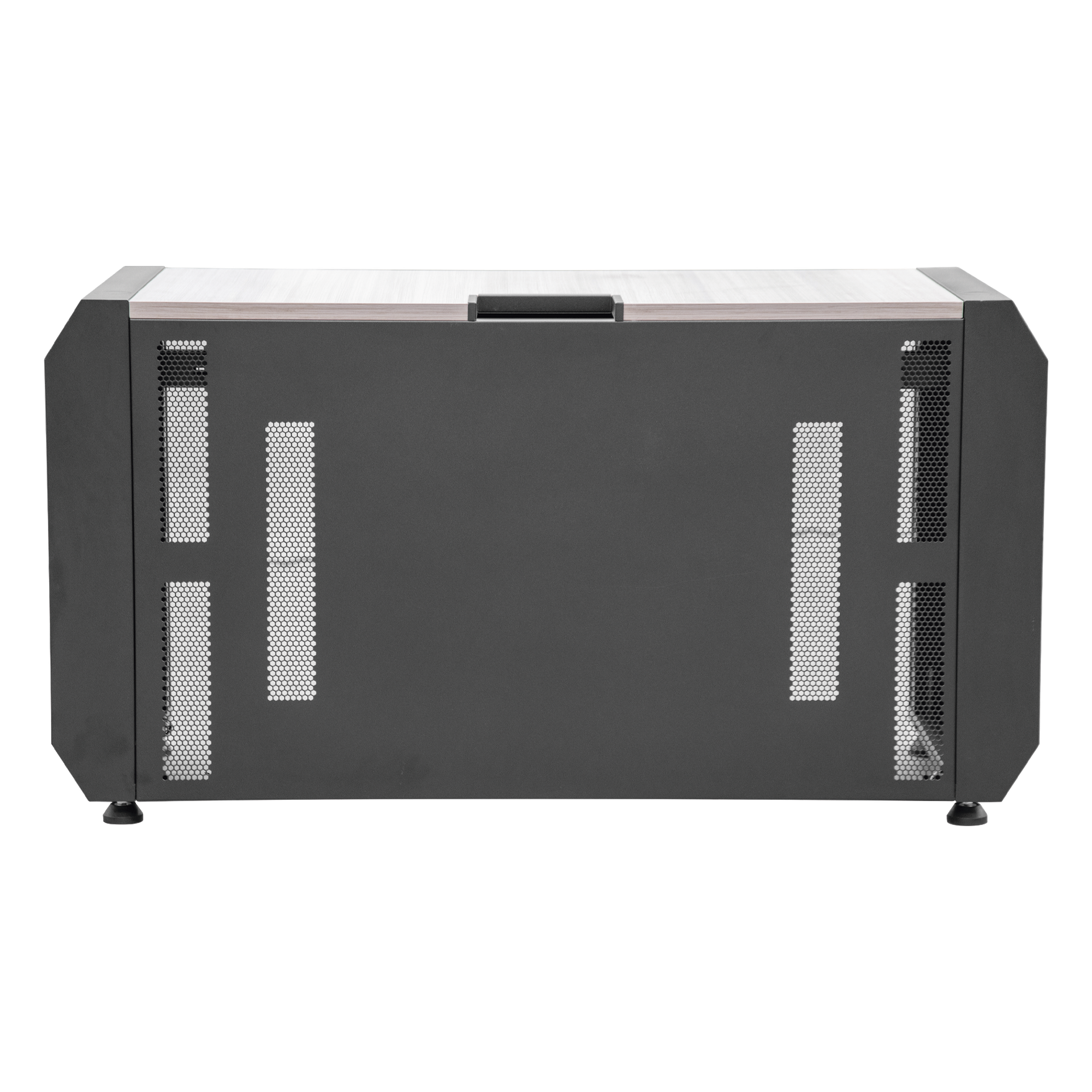 Consola Profesional para Monitoreo y Cómputo / Acero Laminado y Madera / Ranura para Base de Monitores / Tomacorriente 15A / Iluminación LED / 1.64 ft (0.5 m) de Profundidad