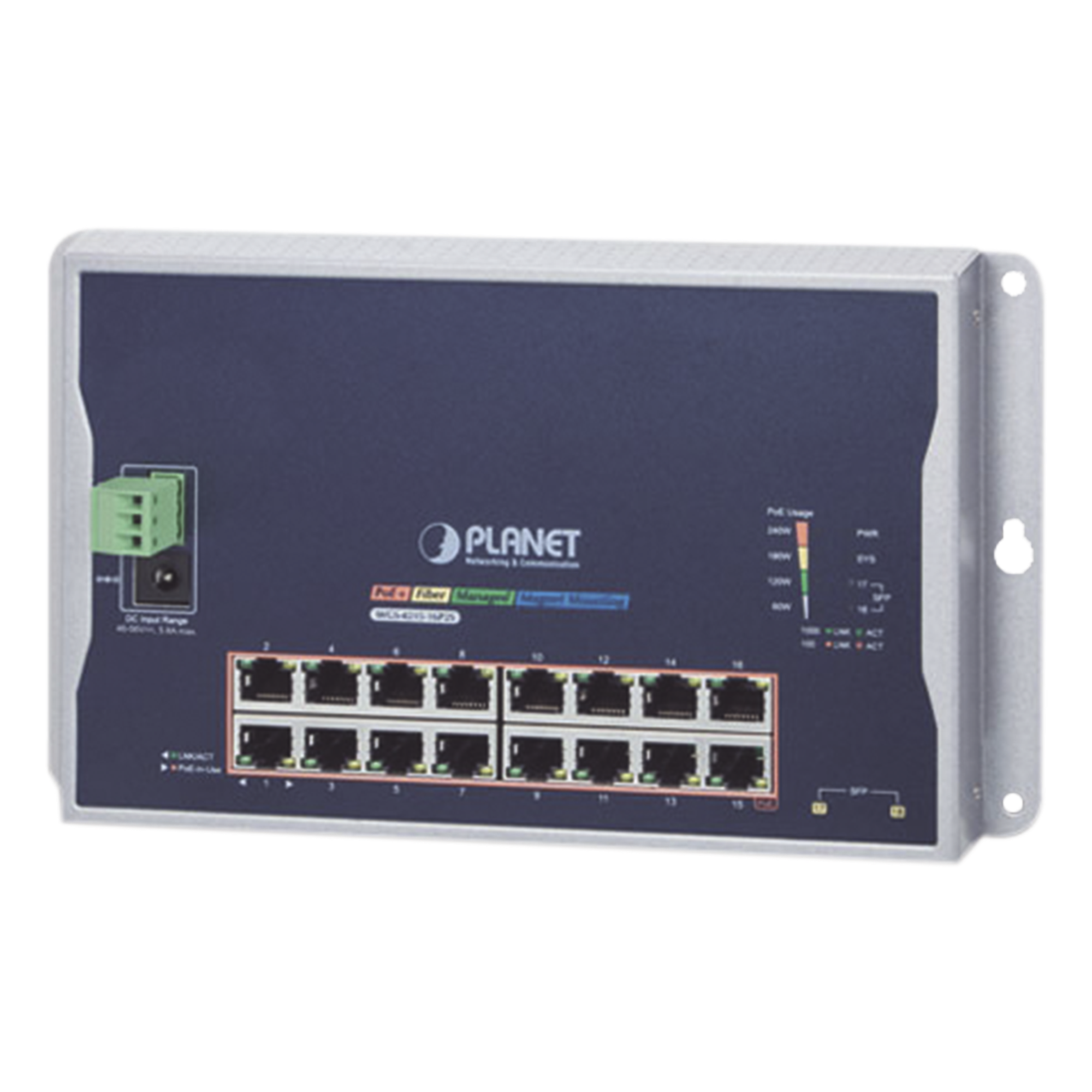 Switch Industrial Administrable Capa 2 de Pared / 16 Puertos PoE 802.3at Gigabit / 2 Puertos SFP / IP40 / -10 a 60 °C / 240W — PLANET · SKU WGS-4215-16P2S