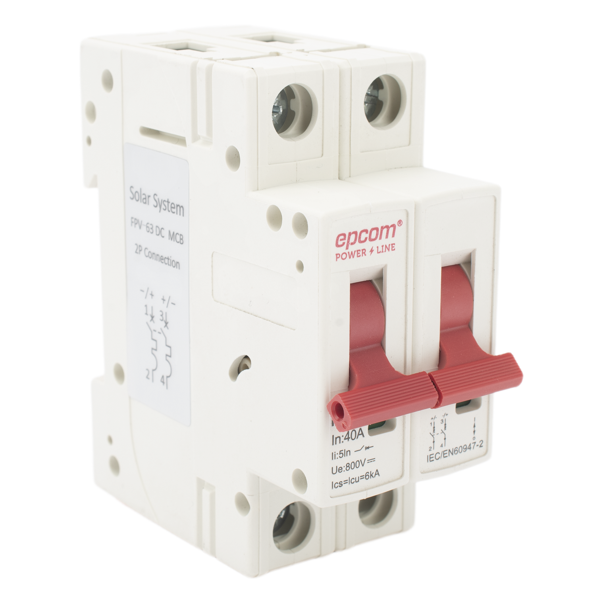 Interruptor Termomagnético 2P / 40 A / 800 V CC / Curva C / 6 kA / Riel DIN — EPCOM POWERLINE · SKU FPV632PC40