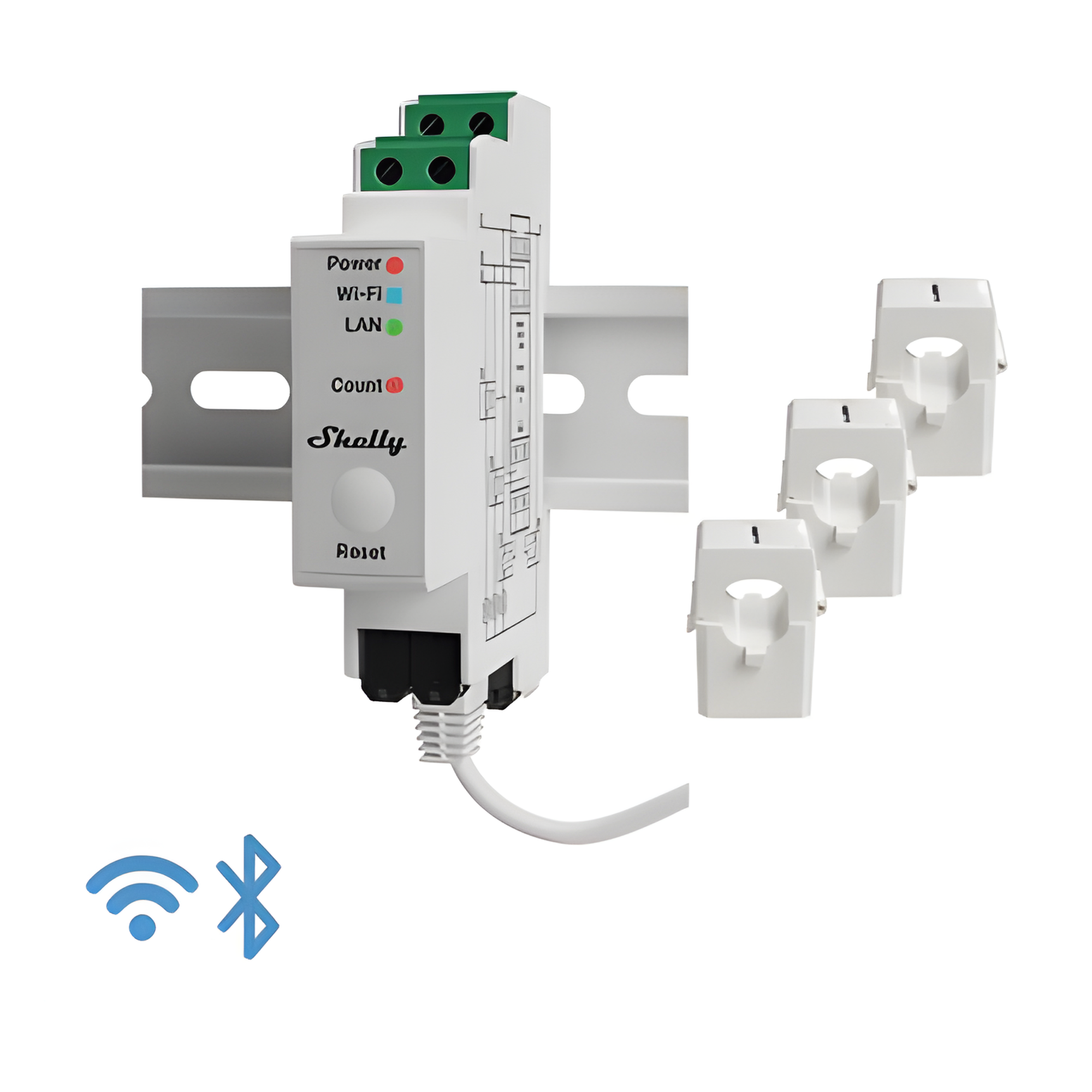 Medidor de Energía Trifásico / Wi-Fi 802.11 b/g/n / Ethernet RJ45 / Riel DIN / 120 A por Fase / Memoria 60 Días — SHELLY · SKU SHELLYPRO3EM