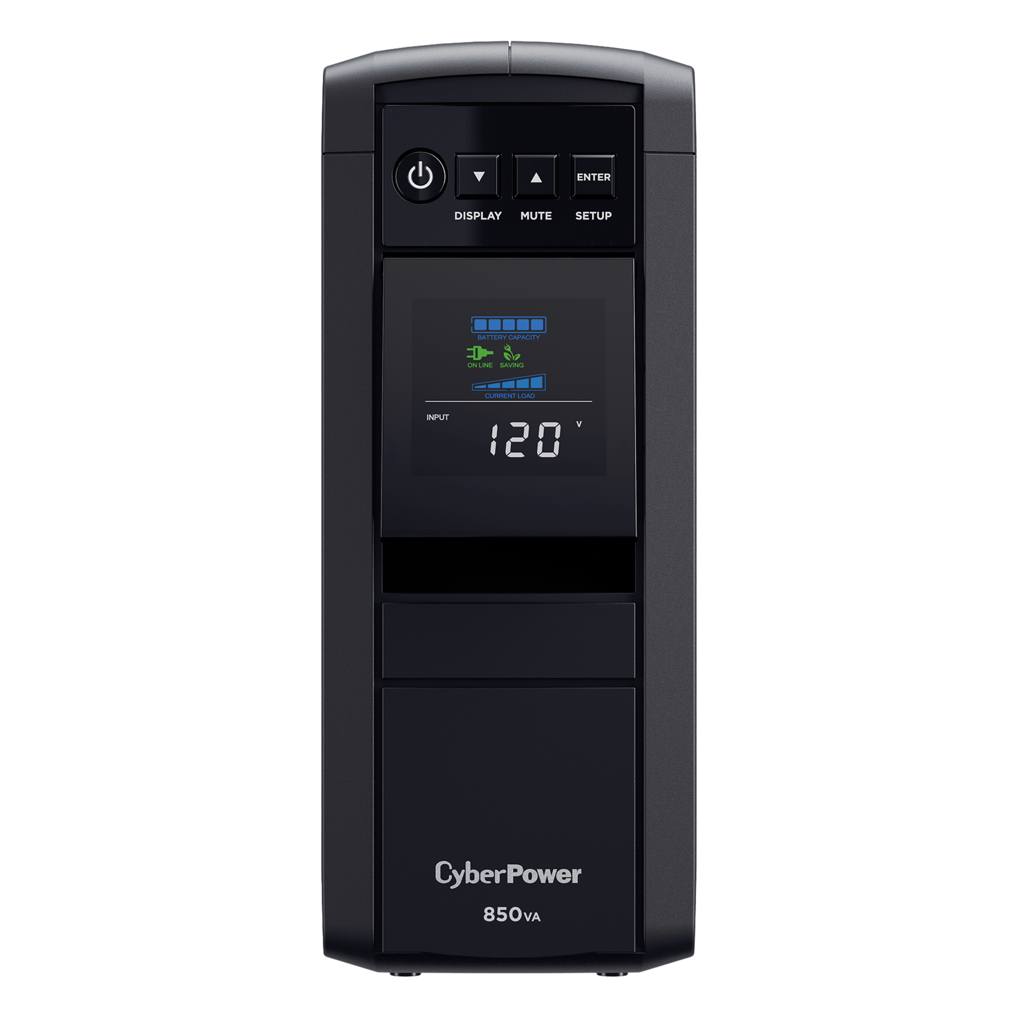 UPS de 850 VA/510 W, Topología Línea Interactiva, Entrada 120 Vca NEMA 5-15P, Onda Senoidal Pura, Tipo Torre, Con 10 Tomas NEMA 5-15R — CYBERPOWER · SKU CP850PFCLCD