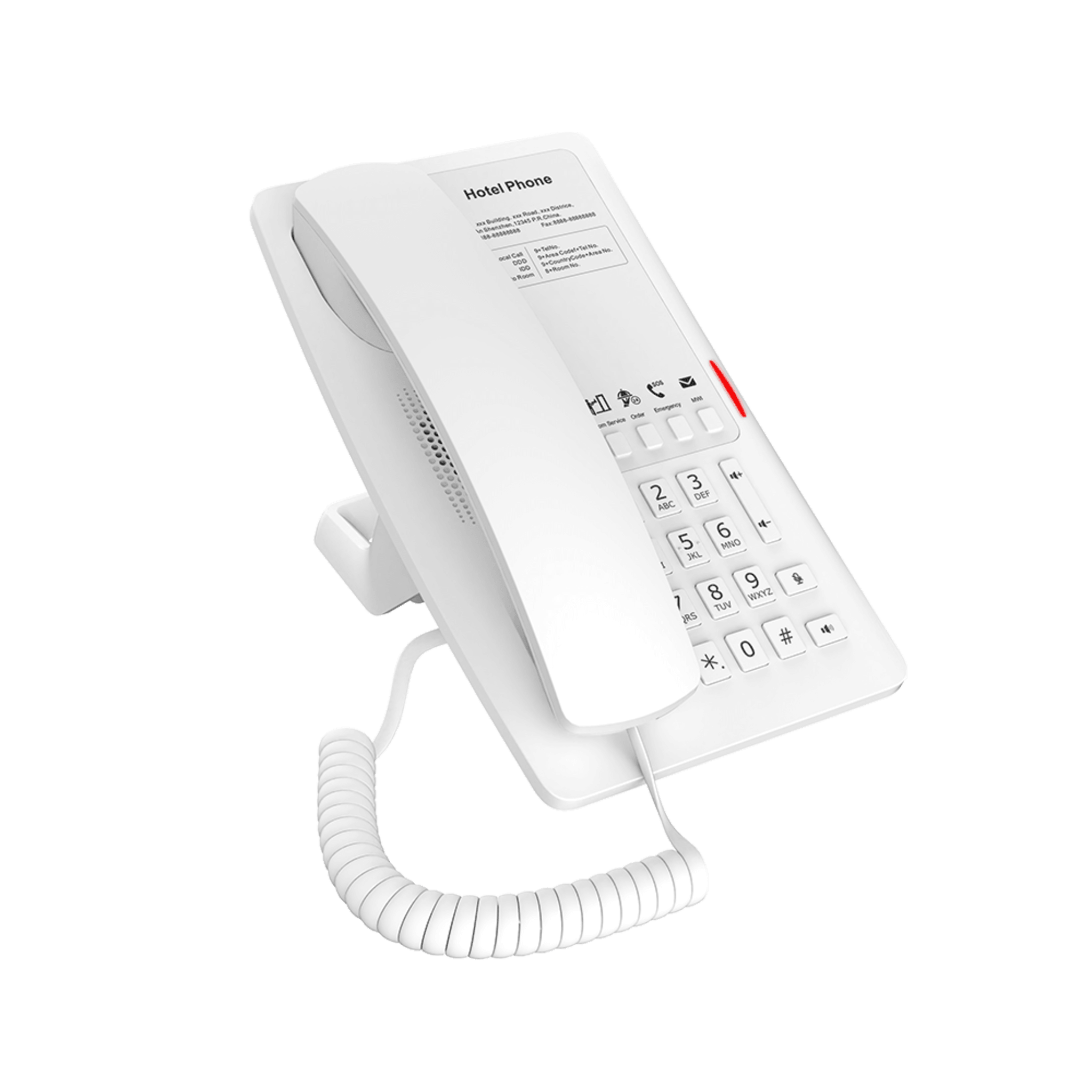 Teléfono IP Hotelero / 2 Líneas SIP / 5 Teclas Programables / Puerto USB-A de Carga / PoE 802.3af / Diseño Blanco / Audio HD Manos Libres