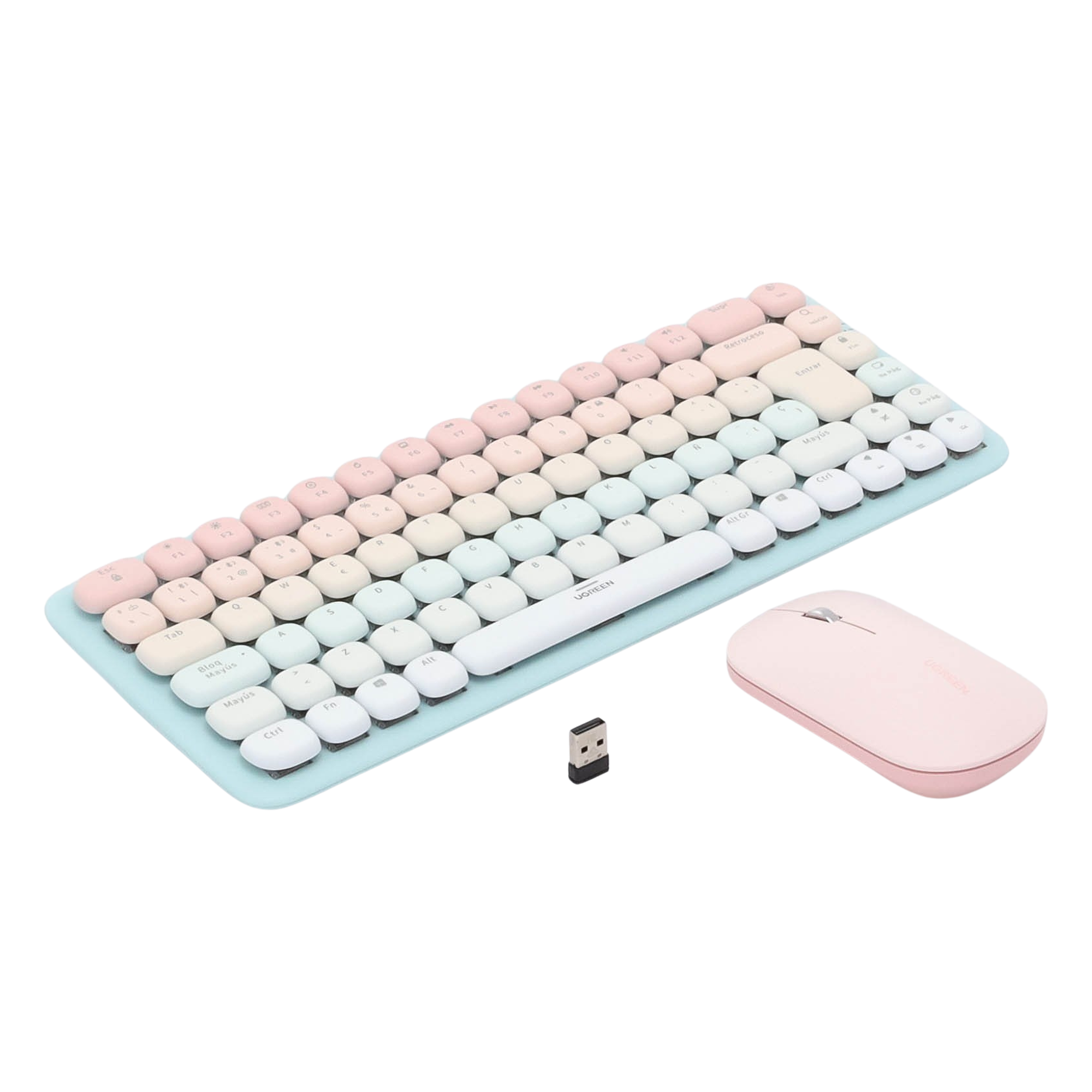 Paquete de Teclado y Mouse | 85 teclas en Español | Bluetooth y 2.4GHz |  Mouse Ambidiestro  | Sensor de DPI ajustable | Efectos de Iluminación del Teclado | Amplia compatibilidad | Color Rosa.