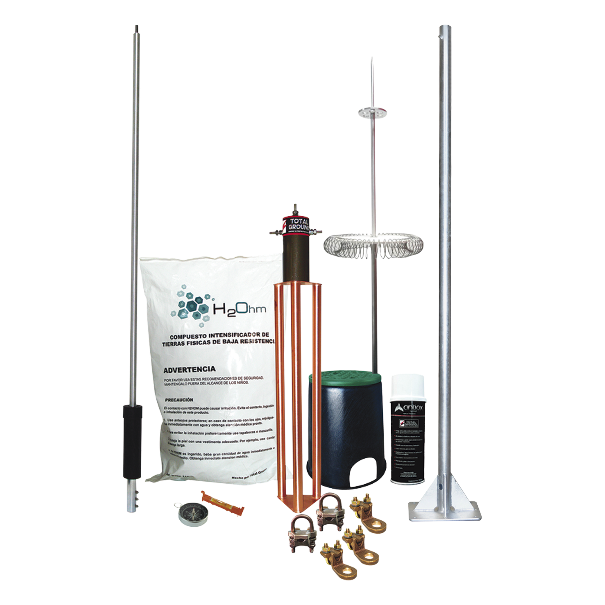 Kit de Pararrayo Dipolo Corona / Ángulo de Protección 72° / Mástil 1.2 m (3.9 ft) / Electrodo 45A / Mejorador de Suelo 11 kg / Base Plana Integrada — TOTAL GROUND · SKU KIT-MASTER-DIPOLOV2
