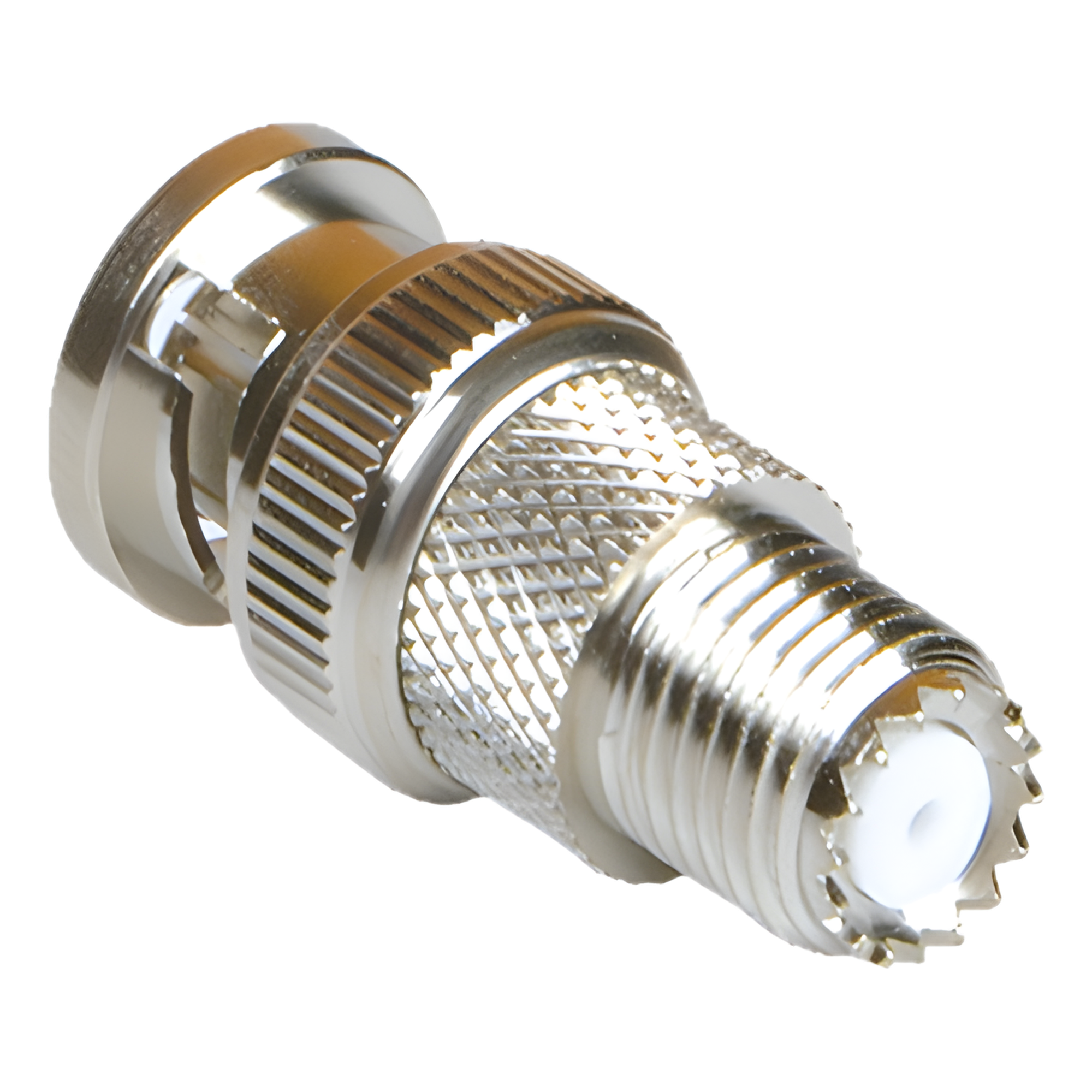 Adaptador RF / Mini-UHF Hembra a BNC Macho / Montaje en Línea / 50 Ohm / Bronce Niquelado / Aislante de Teflón