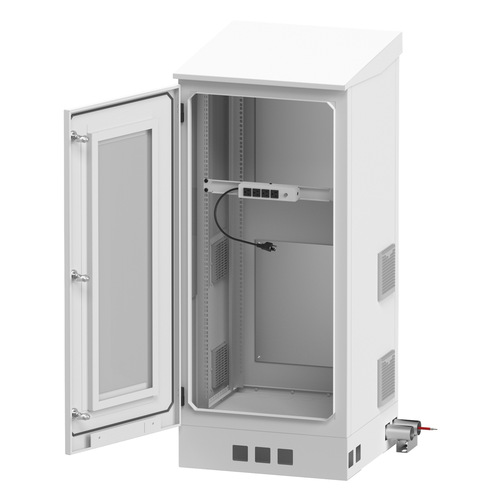 Gabinete de Piso Exterior / Rack 19" 16 U / Ventiladores con Termostato / IP-54 / Espacio para 2 Baterías / 110 VCA / 600 x 1429 x 5 mm