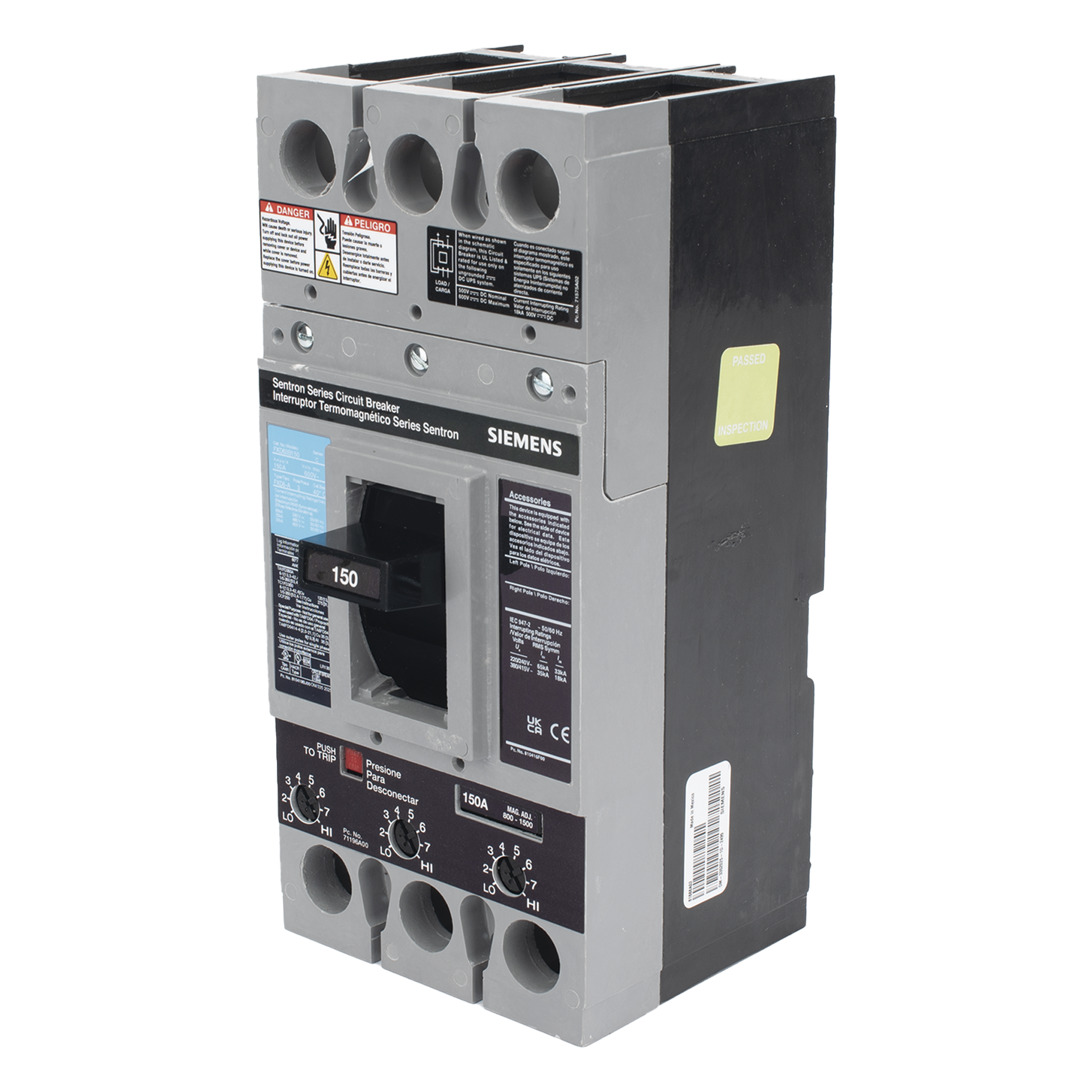 Interruptor Termomagnético / 600V CA / 3 Polos / 150A / Capacidad Interruptiva 65kA / 350 kcmil / Montaje en Gabinete — SIEMENS · SKU FXD63B150L