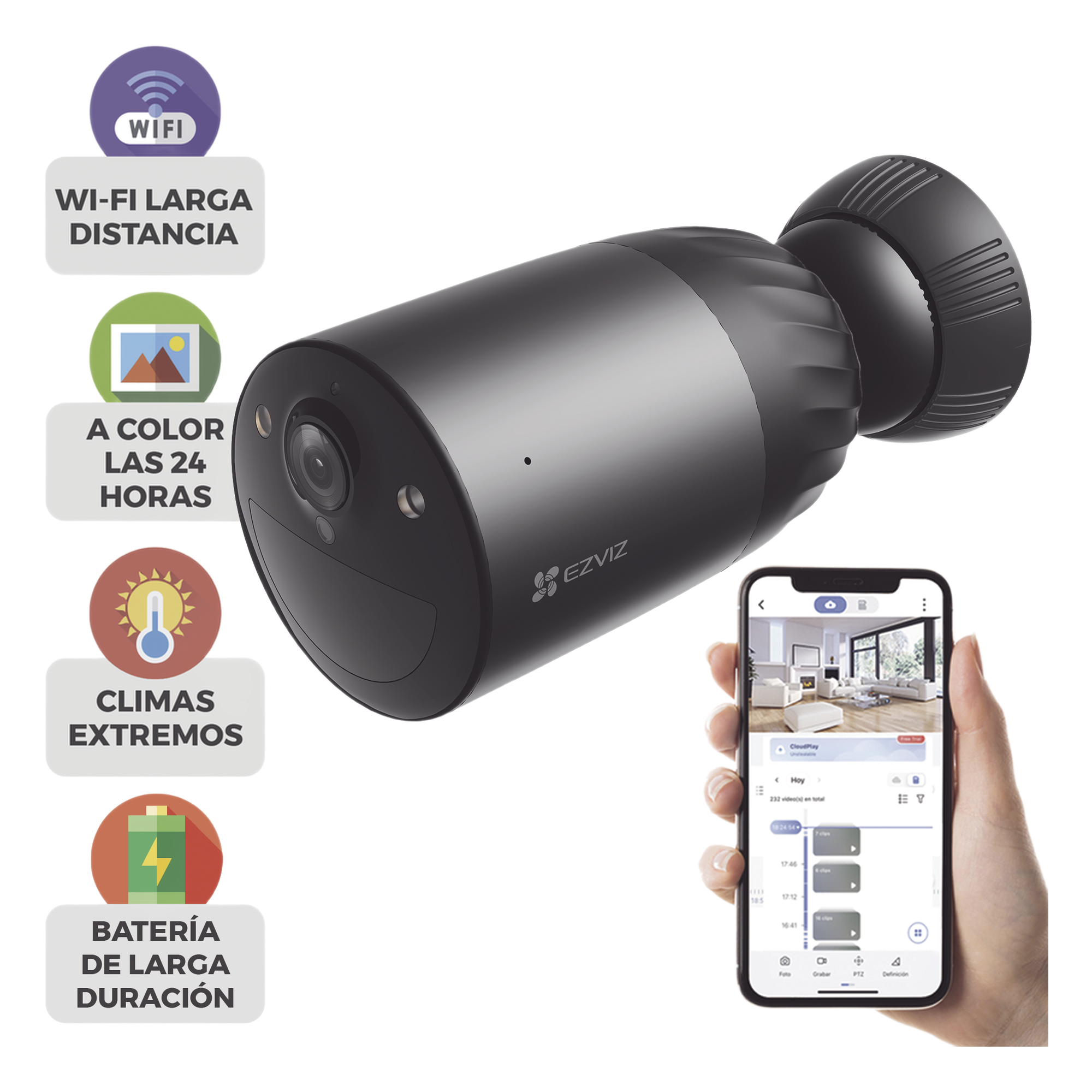 Cámara IP WiFi / 4K 8 MP / Lente 2.8mm / Visión Nocturna Color 15 m (49.2 ft) / Batería Recargable / Audio Bidireccional / IP65 — EZVIZ · SKU CS-BC1C/4K
