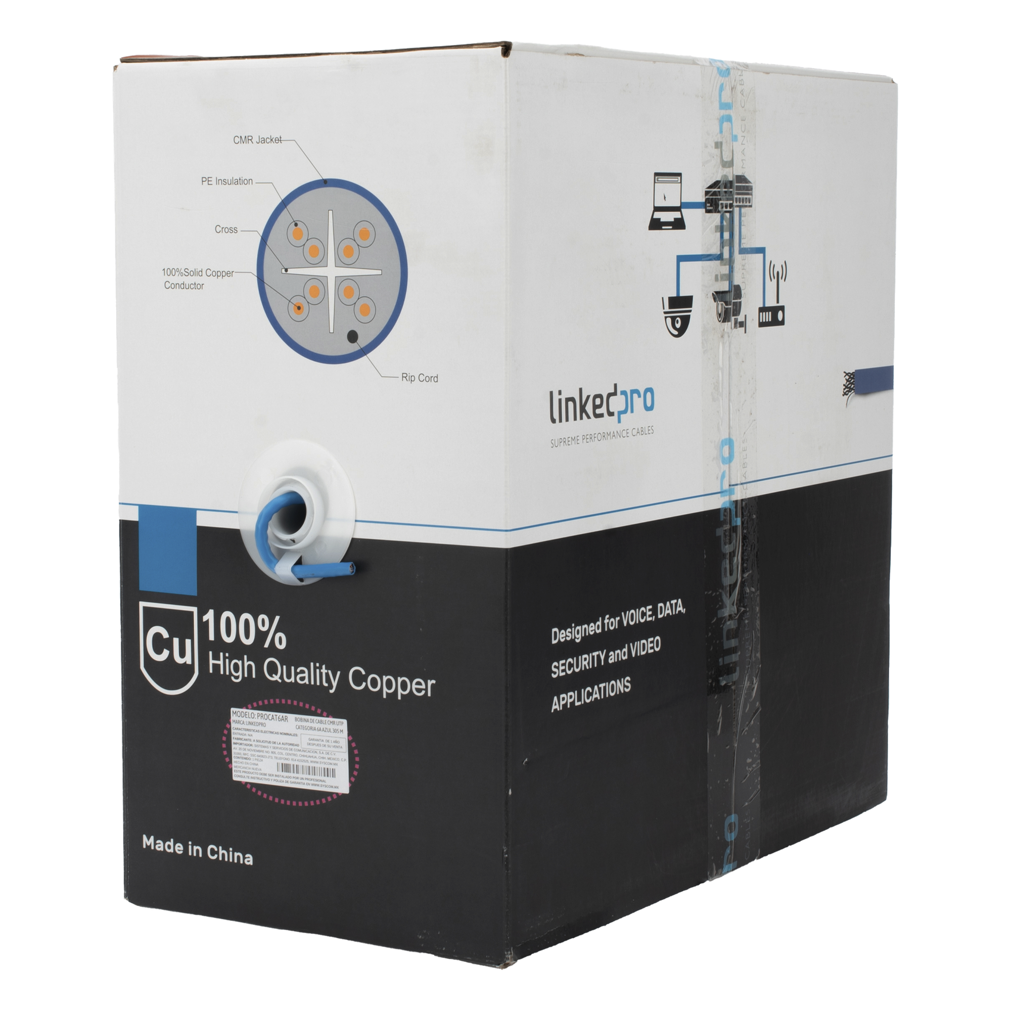 Bobina de Cable U/UTP Cat6A / 305 m (1000 ft) / 10G-BaseT / 500 MHz / Calibre 23 AWG / CMR / 100% Cobre — LINKEDPRO BY EPCOM · SKU PRO-CAT6A-R