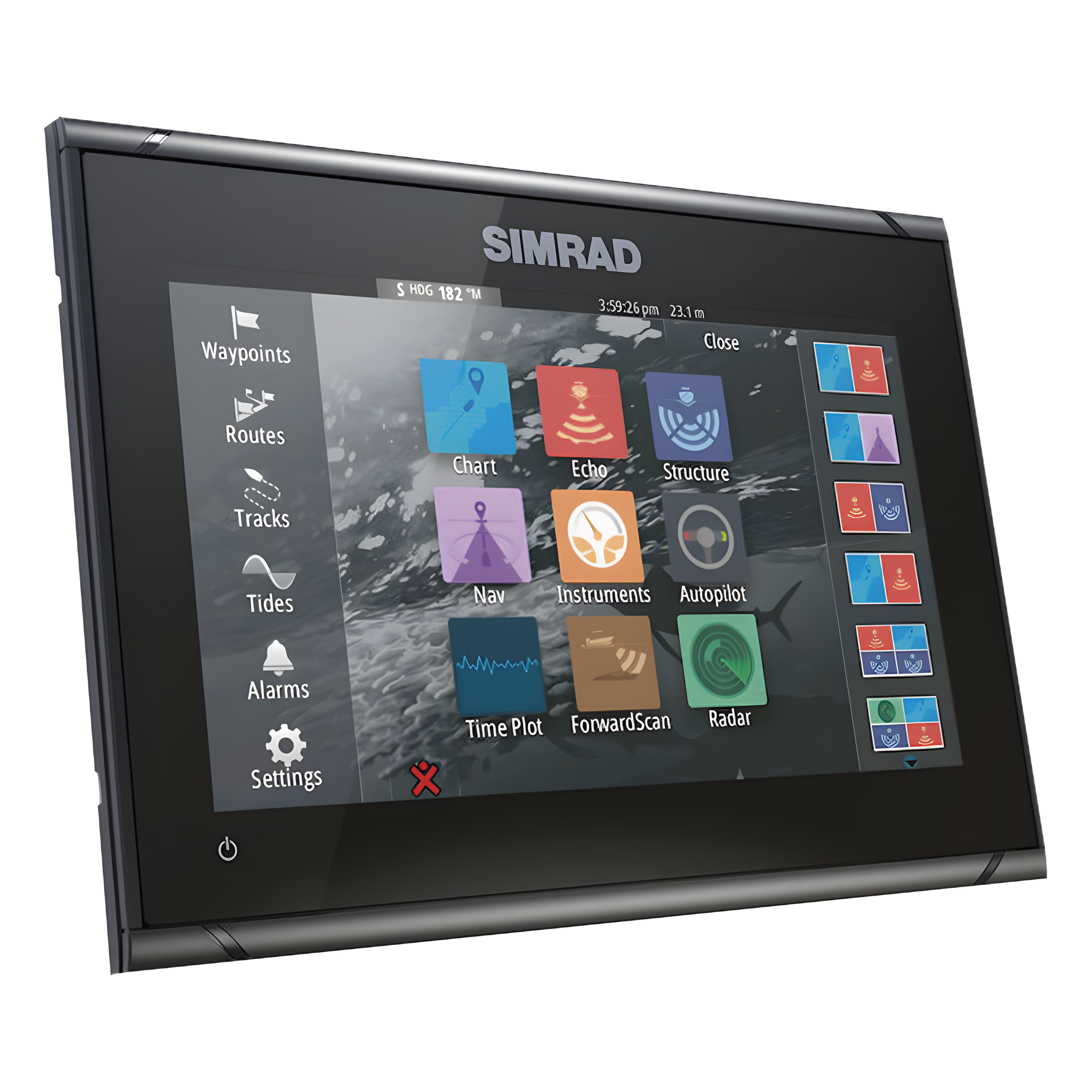 Plotter GPS / Pantalla Táctil 9" / Active Imaging 3 en 1 / Sonar CHIRP con SideScan y DownScan / Radar Halo 360° en 1 s / NMEA 2000 / Wi-Fi / Integración Piloto Automático y Audio