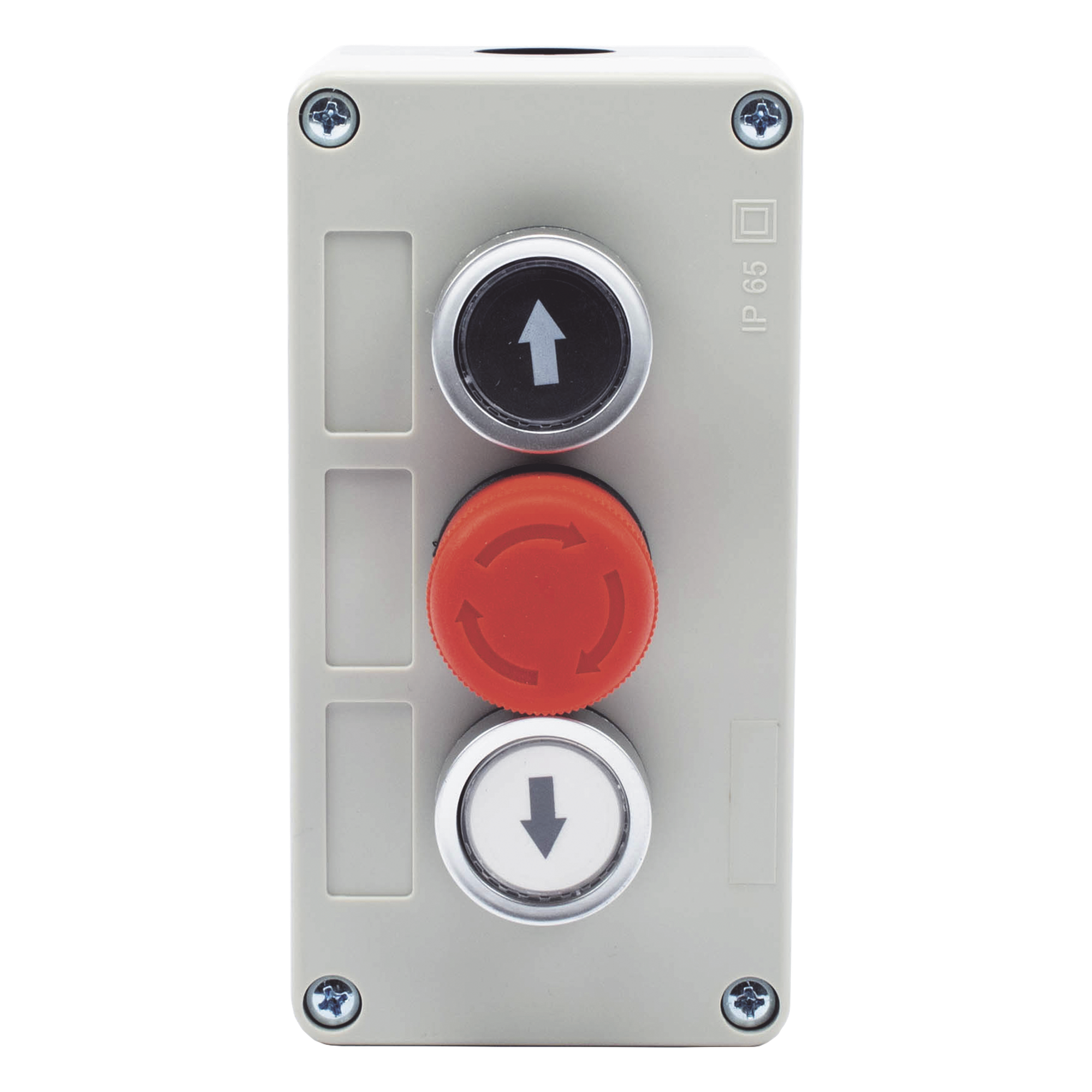 Botonera Triple / Botón Stop Enclavado / 24 VCC / IP40 / 68 x 131 x 51 mm / -20 a 50 °C — ACCESSPRO · SKU XBS-SW-03