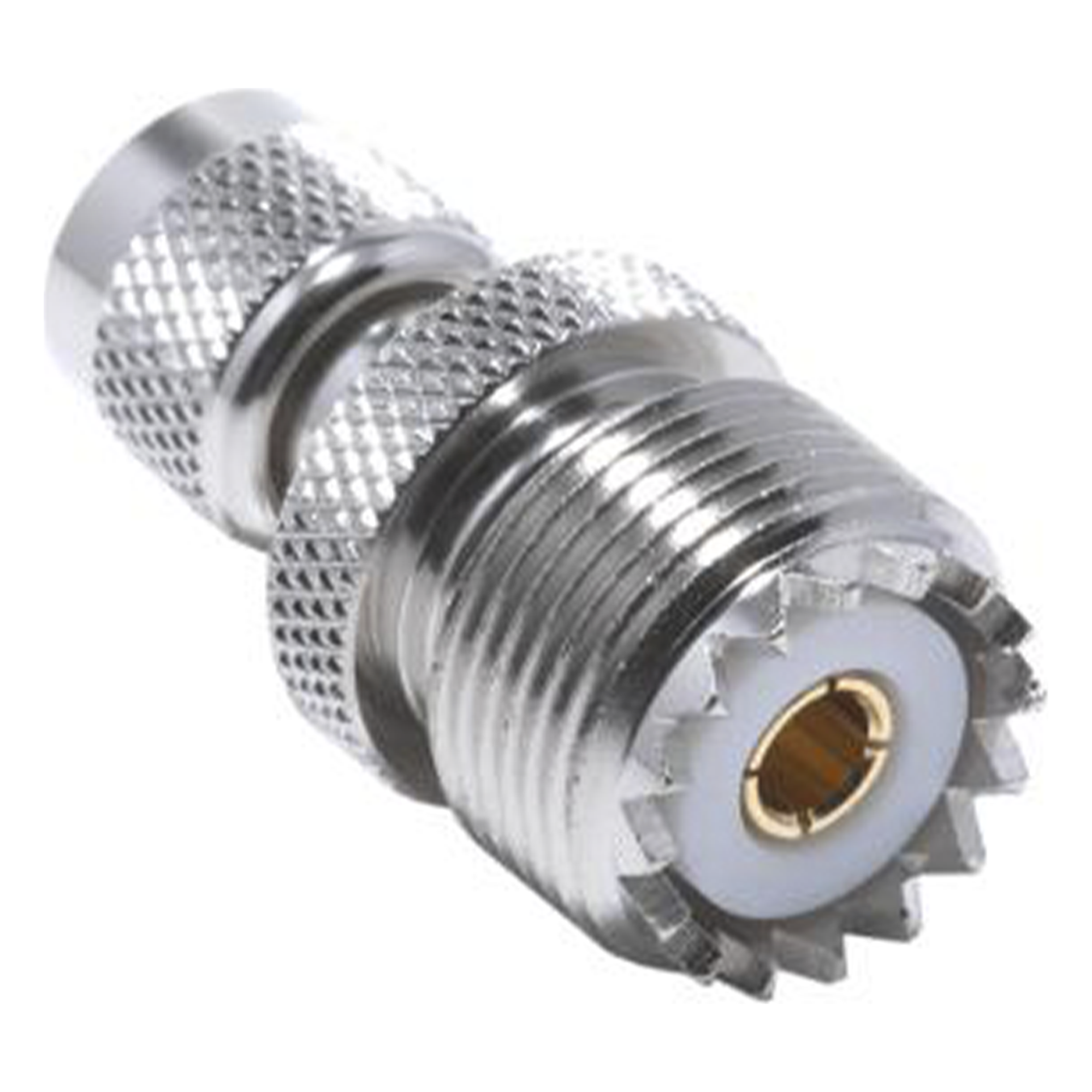 Adaptador Coaxial en Línea / Mini UHF Macho a UHF Hembra (SO-239) / Cuerpo Níquel / Contacto Oro / Aislante Teflón
