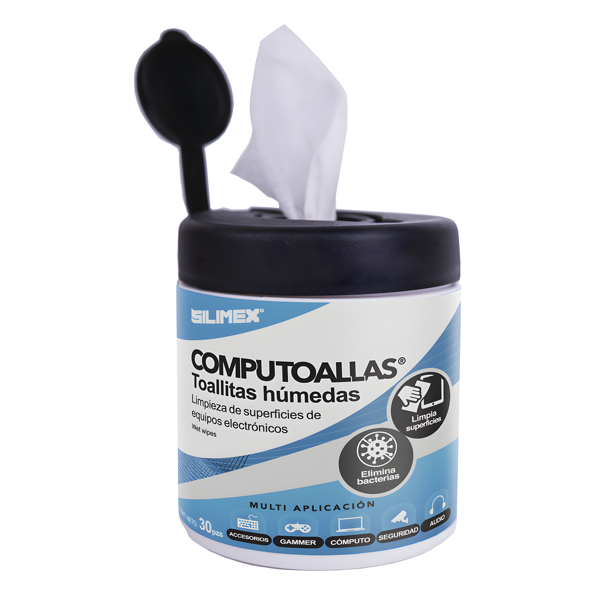 Toallitas Húmedas Antibacteriales / Limpieza de Equipos Electrónicos / 30 Piezas / Antiestáticas / Alcohol Isopropílico — SILIMEX · SKU COMPUTOALLAS