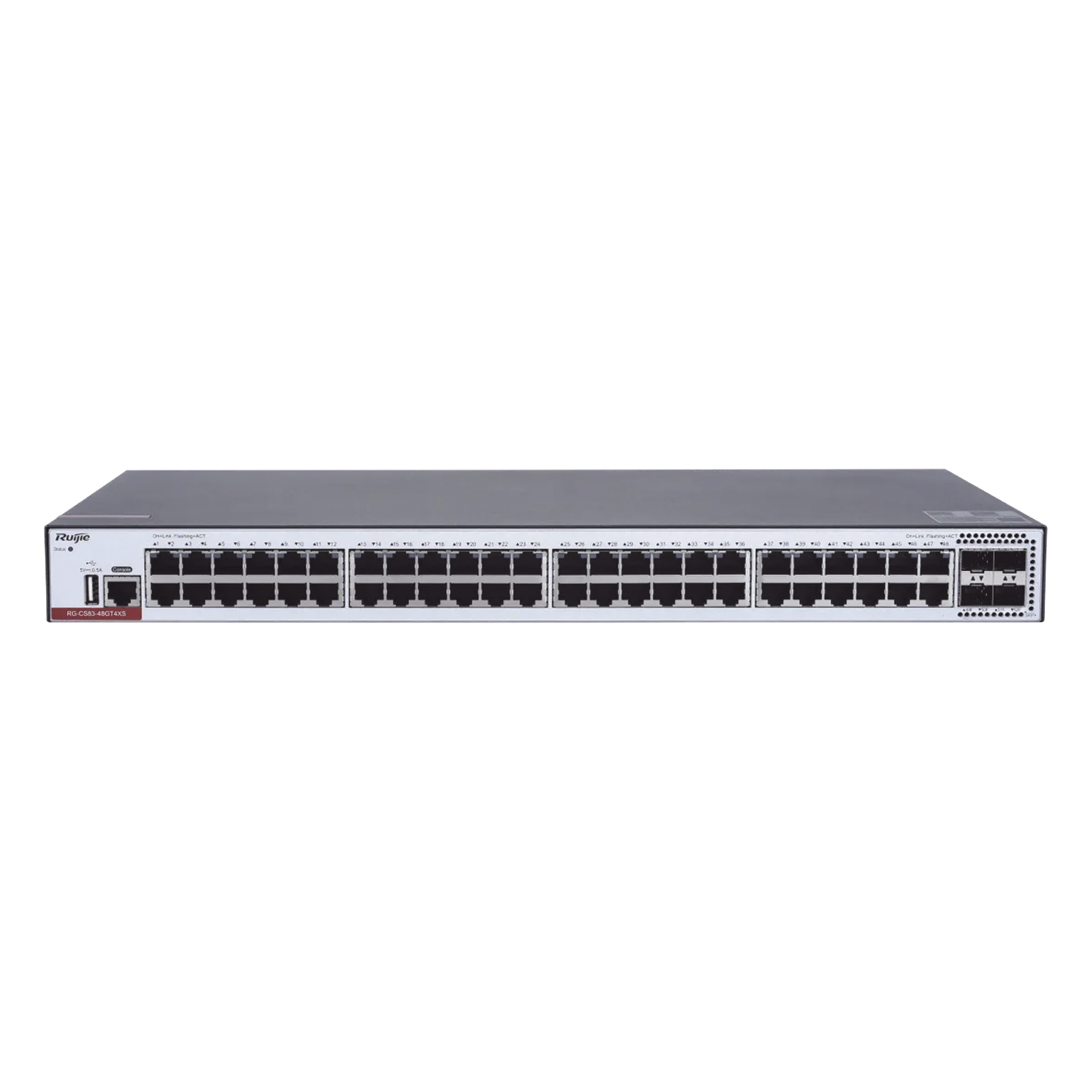 Switch Administrable Capa 3 / 48 Puertos Gigabit / 4 SFP+ 10Gb / Stack VSU 4 Miembros / Conmutación 176 Gbps / Gestión en la Nube — RUIJIE · SKU RG-CS83-48GT4XS
