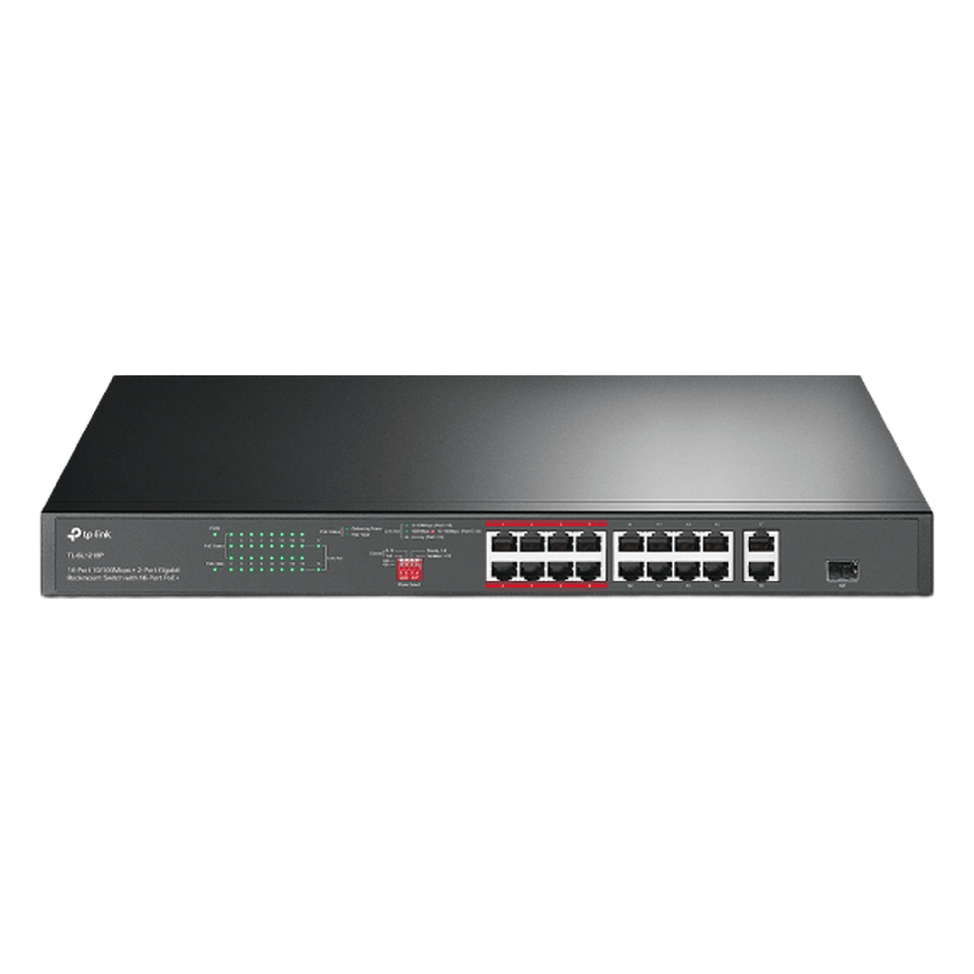 Switch PoE+ No Administrable / 16 Puertos 10/100 Mbps / 2 Puertos Gigabit RJ45 / 1 Puerto SFP / PoE Extendido 250 m (820.2 ft) / 150 W / Aislamiento de Tráfico — TP-LINK · SKU TL-SL1218P