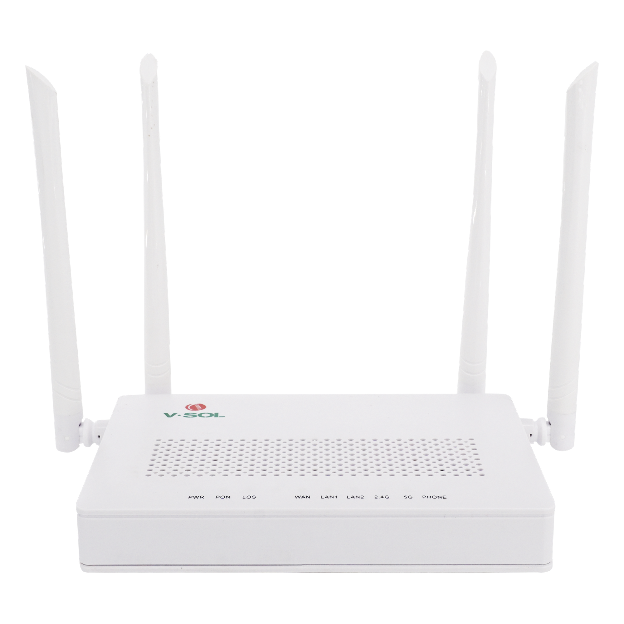 ONU Dual G/EPON / Wi-Fi AC Doble Banda / 2x LAN Gigabit / 1x FXS / 4 Antenas 5 dBi / 12V 1A — V-SOL · SKU HG323D-AC