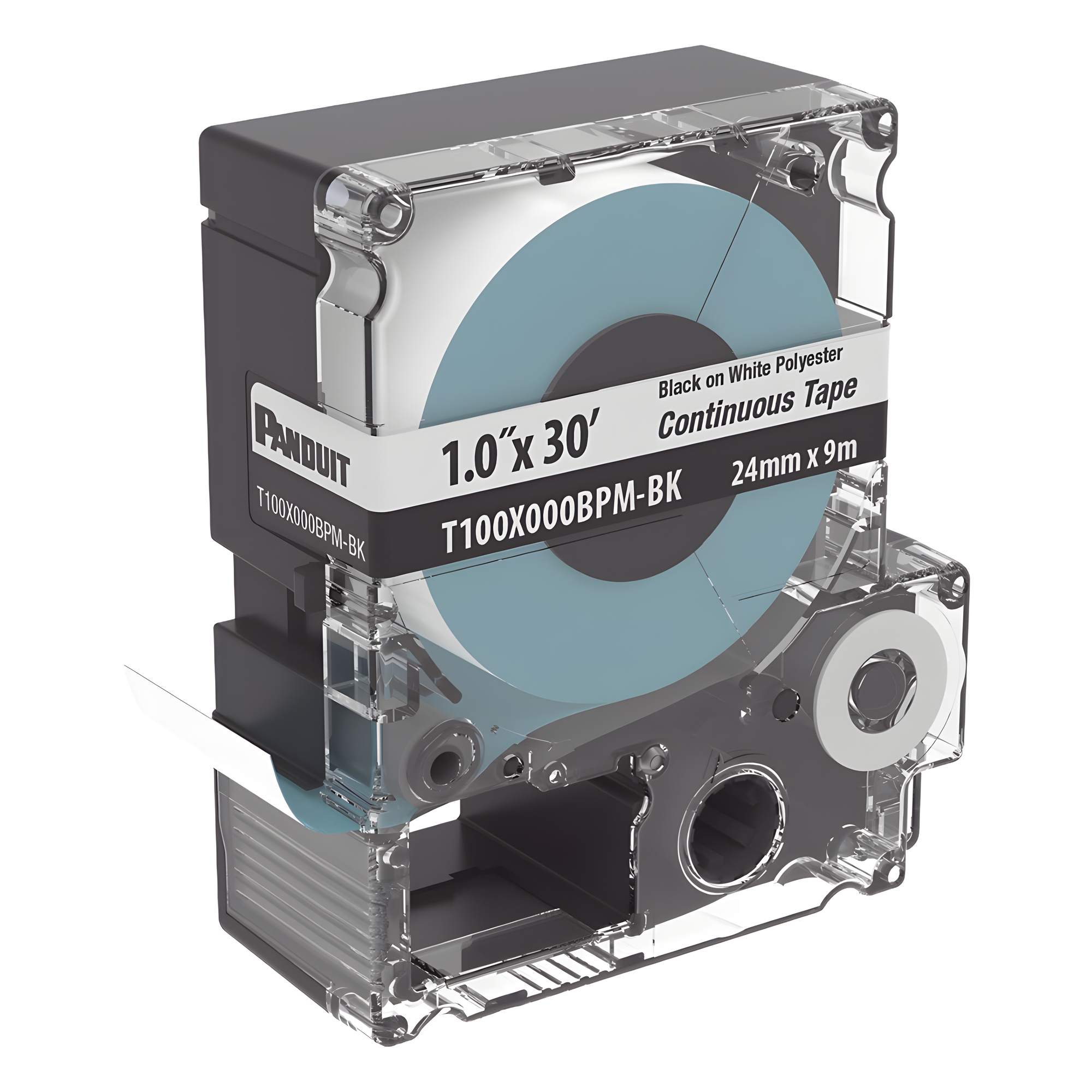 Casete de Etiquetas Continuas / Poliéster Negro sobre Blanco / 24 mm Ancho / 9.1 m Largo / -40°C a 125°C / Interior y Exterior — PANDUIT · SKU T100X000BPM-BK