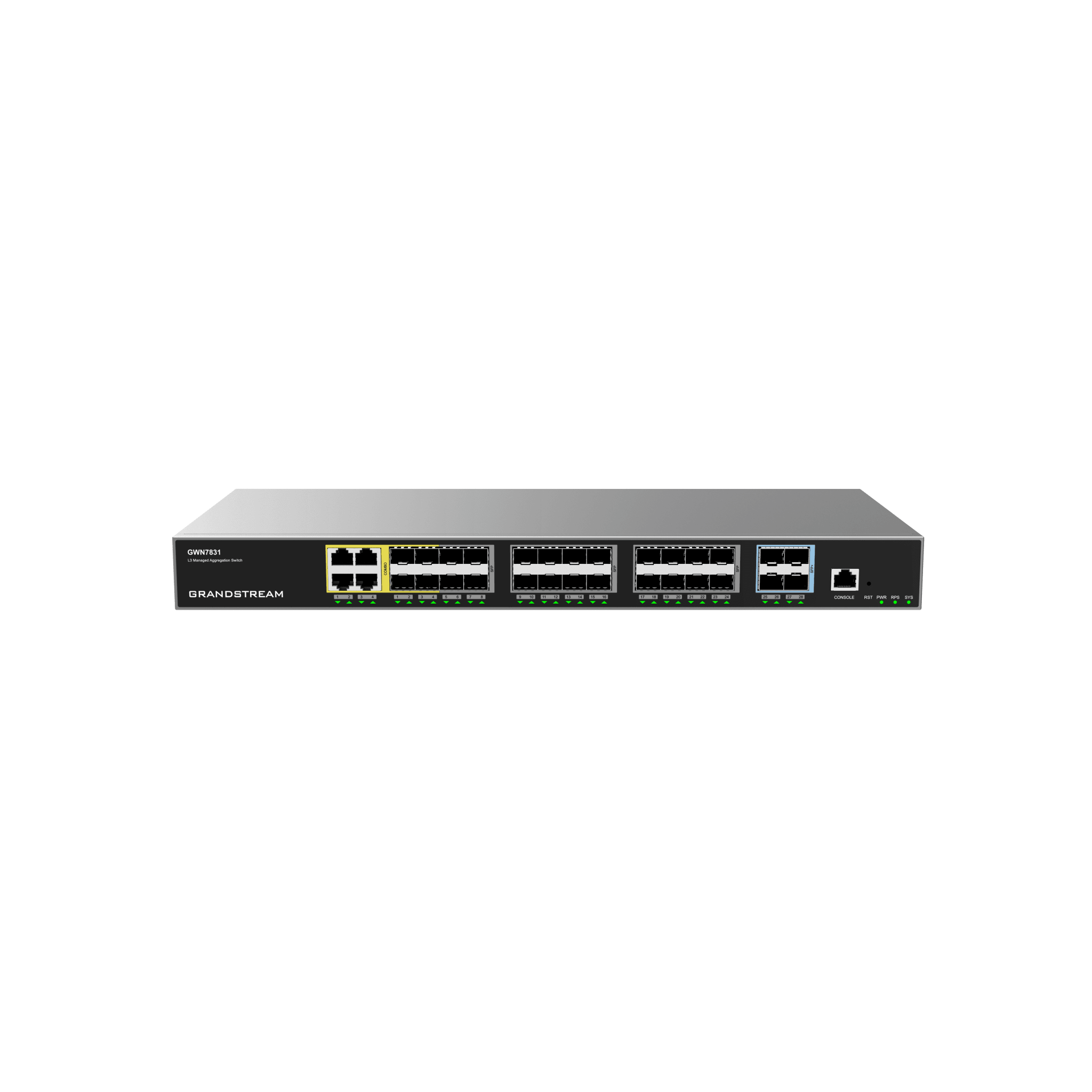 Switch de Agregación Capa 3 / 4 Puertos Gigabit Ethernet / 24 Puertos Gigabit SFP / 4 Puertos 10Gigabit SFP+ / QoS Integrada / Soporte IPv6 e IPv4 / Seguridad Avanzada / Stacking / 