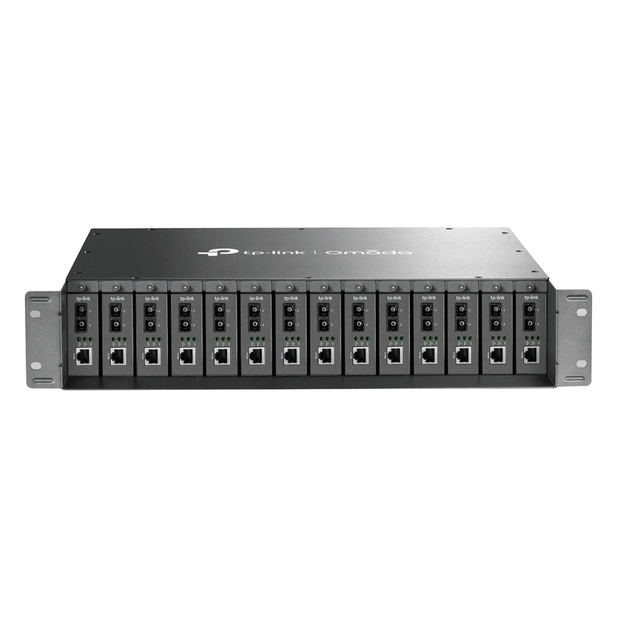 Chasis para Montaje en Rack / 14 Bahías / 2U / Alimentación 9 VCC / 14 Salidas / 100-240 VCA / Plug and Play — TP-LINK · SKU TL-MC1400
